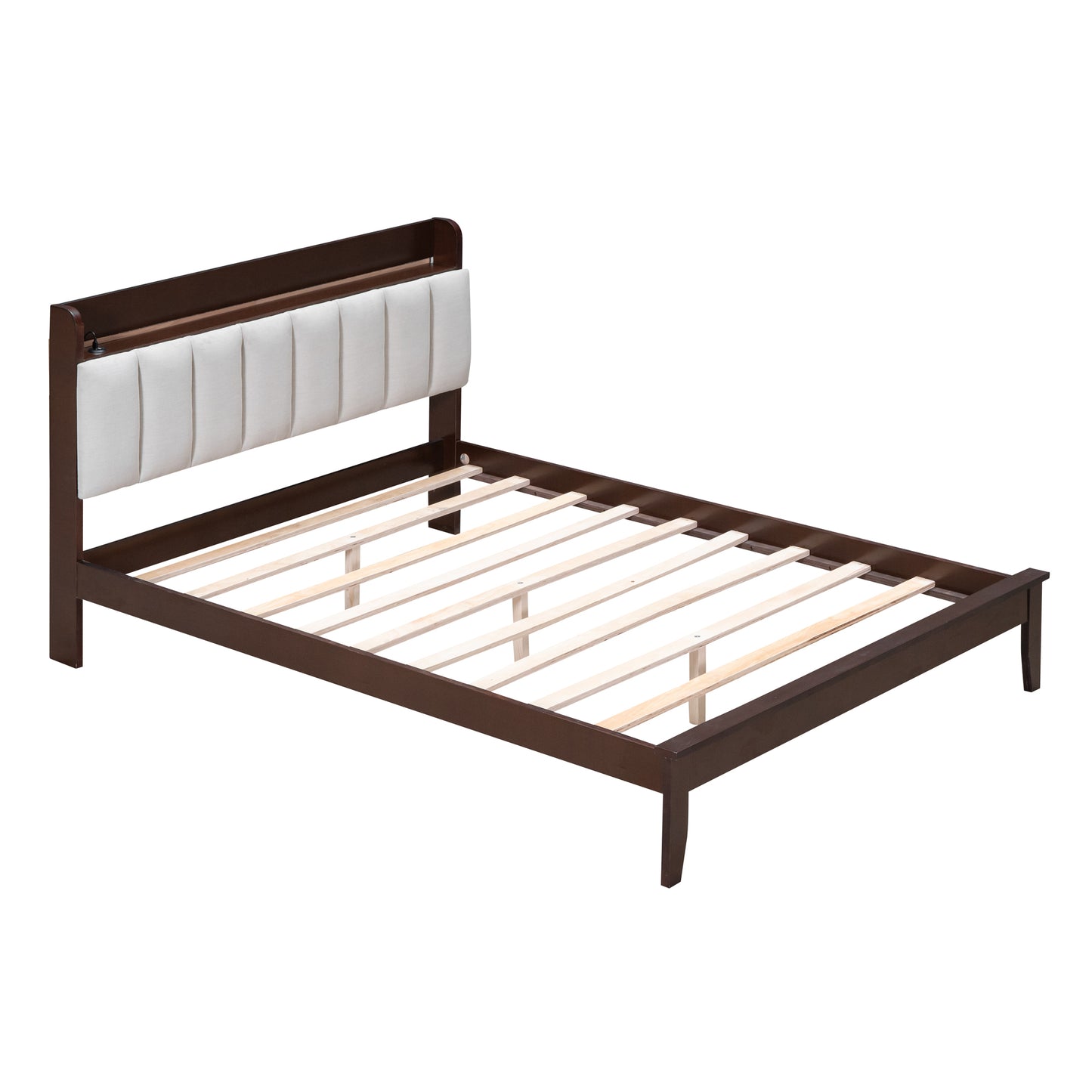 Full size Platform Bed with USB Charging Station and Storage Upholstered Headboard,LED Bed Frame,No Box Spring Needed,Walnut+Beige