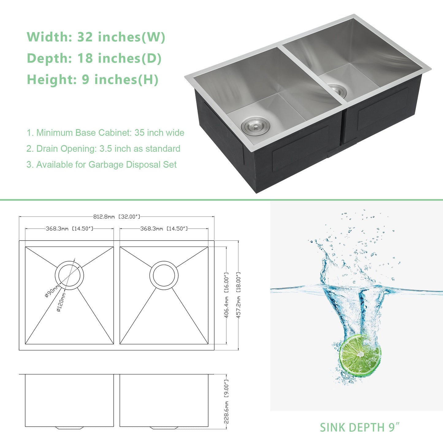 32x18 Stainless Steel Undermount Double Bowl Kitchen Sink with Offset Drain and 9 Inch Depth