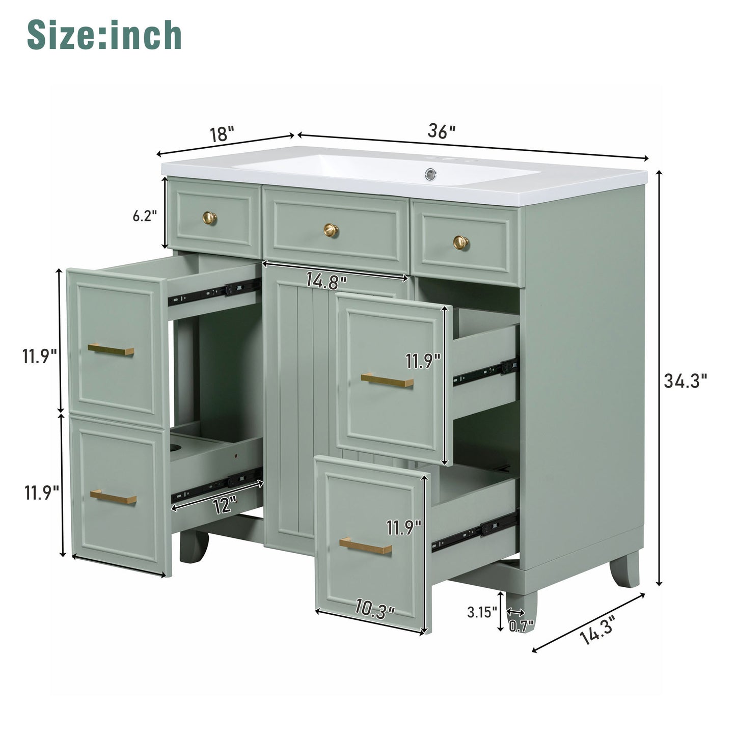 36" Bathroom Vanity Cabinet with Sink Top Combo Set, Green, Single Sink, Shaker Cabinet with Soft Closing Door and Drawer