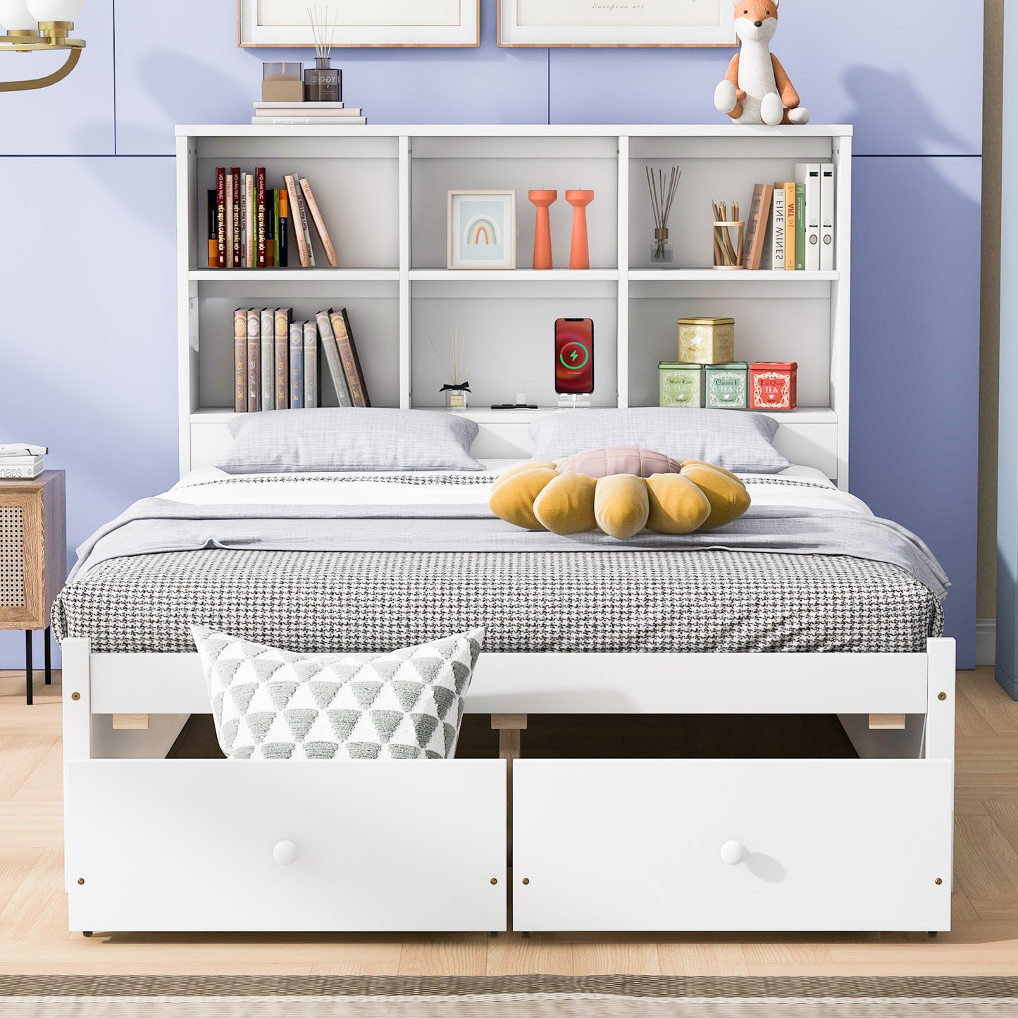 Full Size Platform Bed with Storage Headboard, Charging Station and 2 Drawers, White