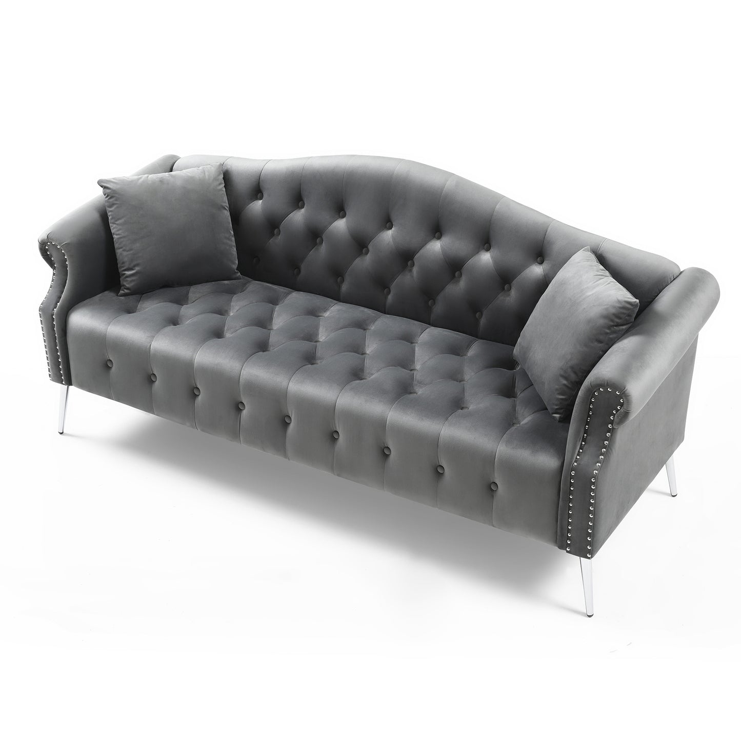 78.7 Classic Chesterfield Velvet Sofa Set with Silver Metal Legs, Grey