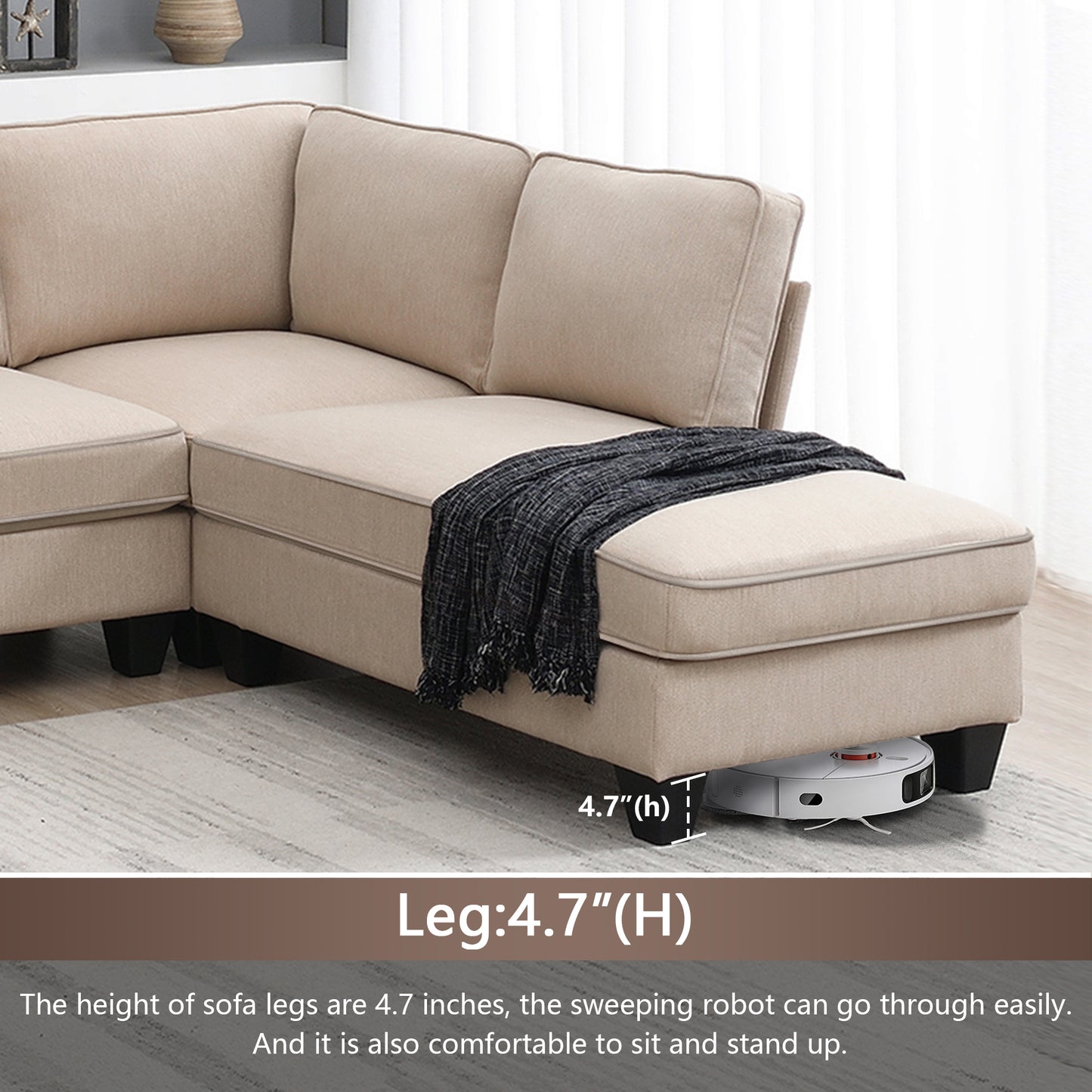 Modern L-Shaped 7-Seat Linen Sofa Set with Chaise Lounge