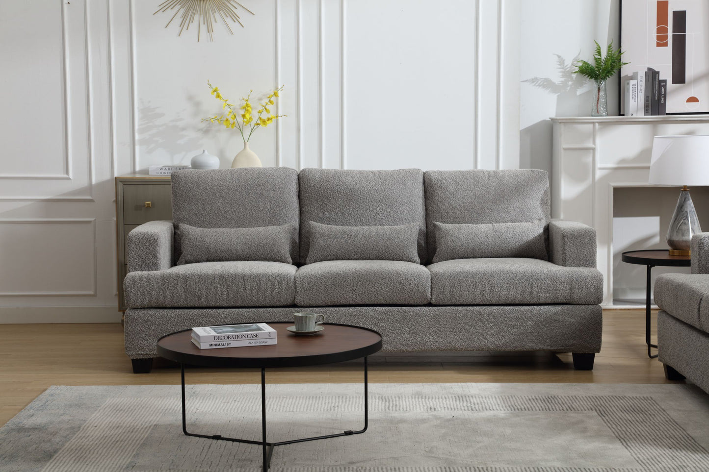 Modern 3-Seater White and Gray Fabric Sofa with Square Armrest and Waist Pillows