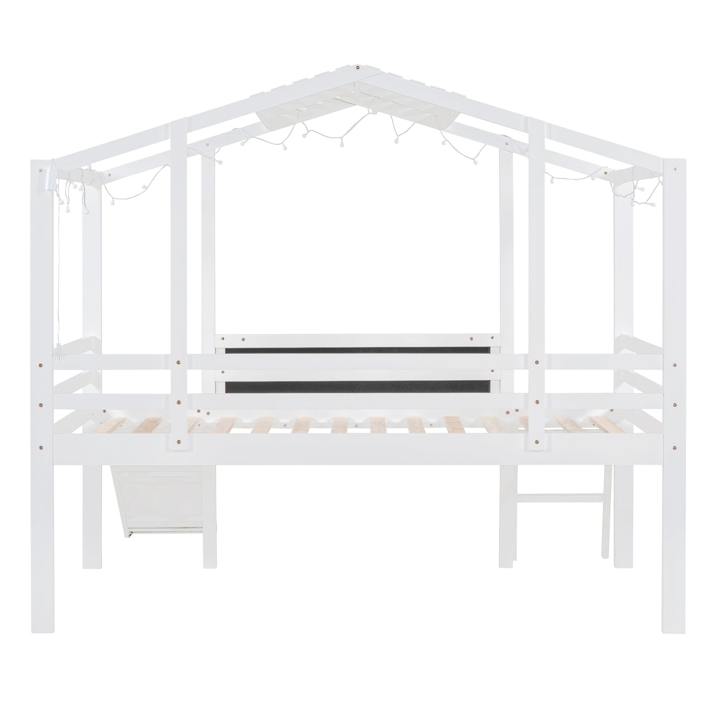 Twin Size Loft Bed with Ladder and Slide, House Bed with Blackboard and Light Strip on the Roof, White