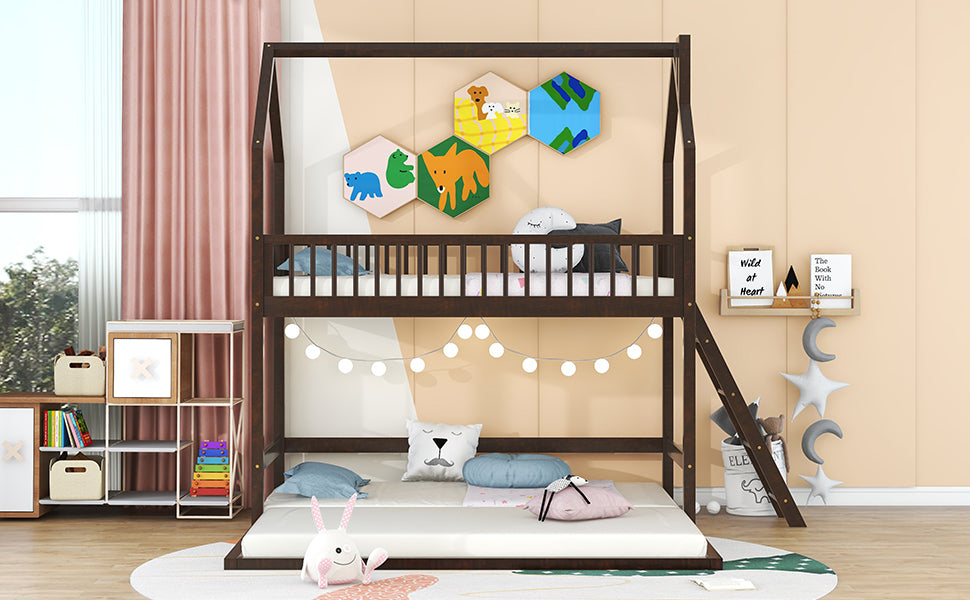 Twin House Bunk Bed with Trundle and Ladder - Artistic Sleepover Haven