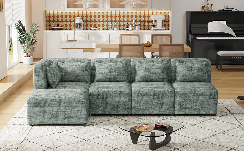 Endless Lounge Creations: Free-Combined Blue-Green Sectional Sofa with Storage Ottoman and 5 Pillows