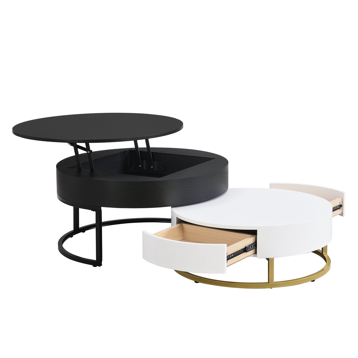 Contemporary 2-Drawer Lift-Top Round Coffee Tables in White & Black