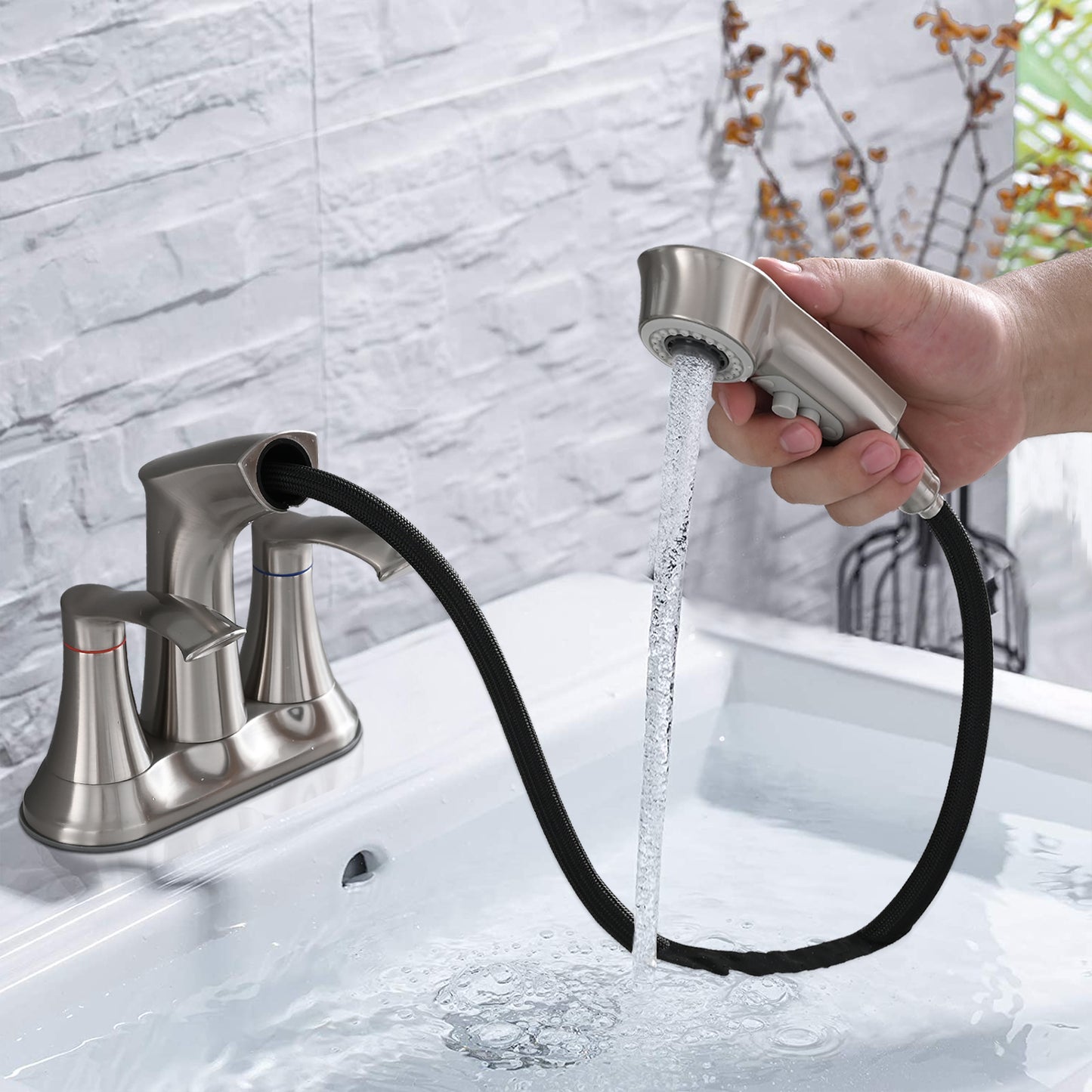 Bathroom Sink Faucet Set with Pull Down Sprayer and 2 Handles - Brushed Nickel Stainless Steel