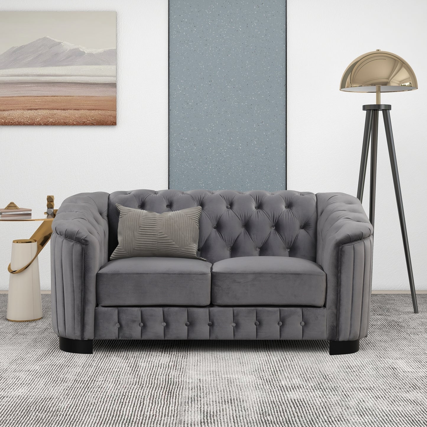 Modern Gray Velvet Loveseat Sofa with Removable Seat Cushion