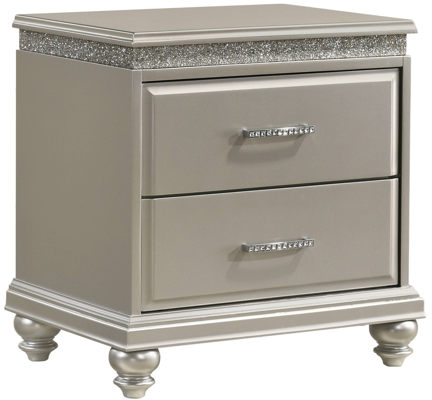 Traditional 1-Pc Glam Style Nightstand with Two Storage Drawers and Bun Feet Champagne Finish Solid Wood Bedroom Furniture