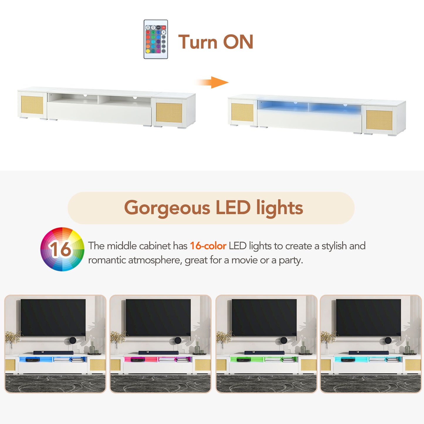 Modern White LED Entertainment Center with Rattan Style Accents and Color Changing Lights