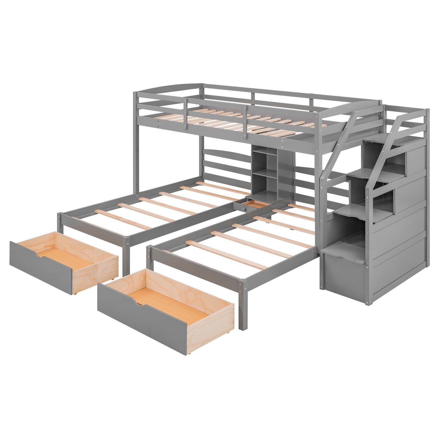 Gray Triple Bunk Bed with Storage Drawers, Staircase, and Built-in Shelves