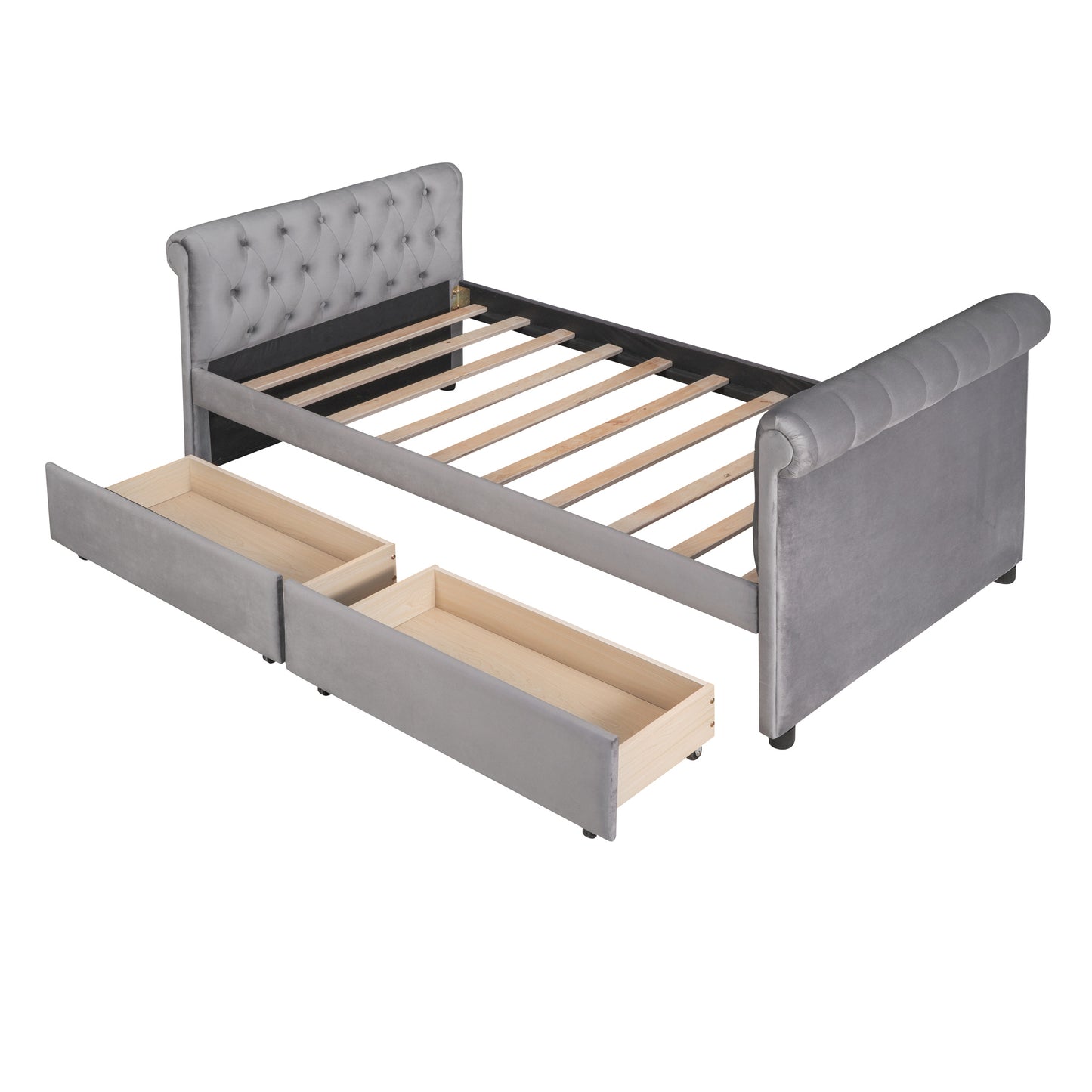 Twin Size Upholstered daybed with Drawers, Wood Slat Support, Gray