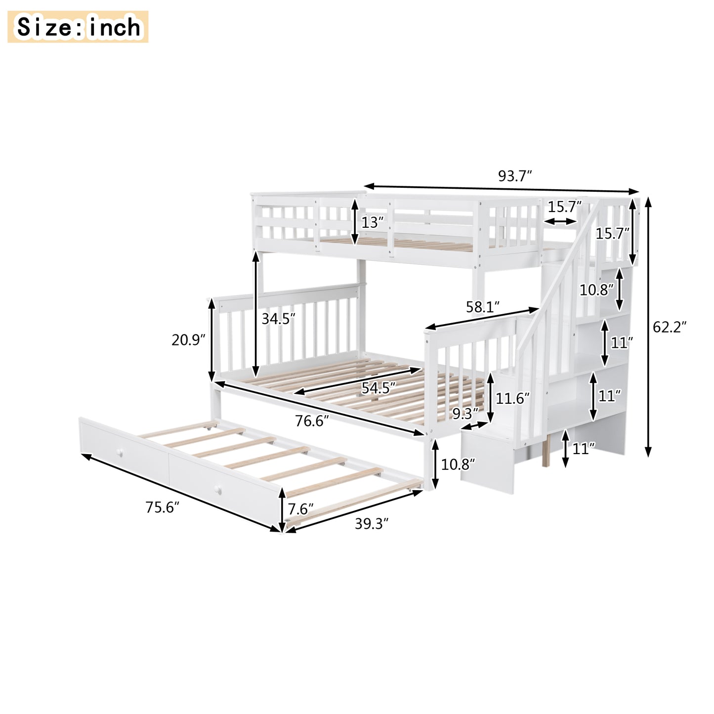 Staircase Bunk Bed with Trundle and Storage: Twin Over Full