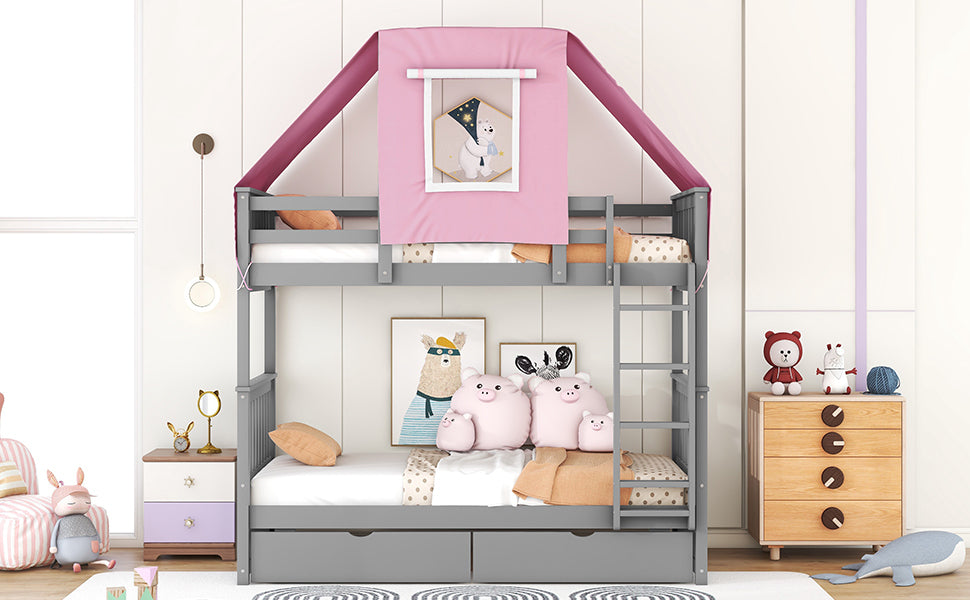 Gray and Pink Twin Over Twin Bunk Bed with Tent and Drawers for a Playful Bedroom Environment