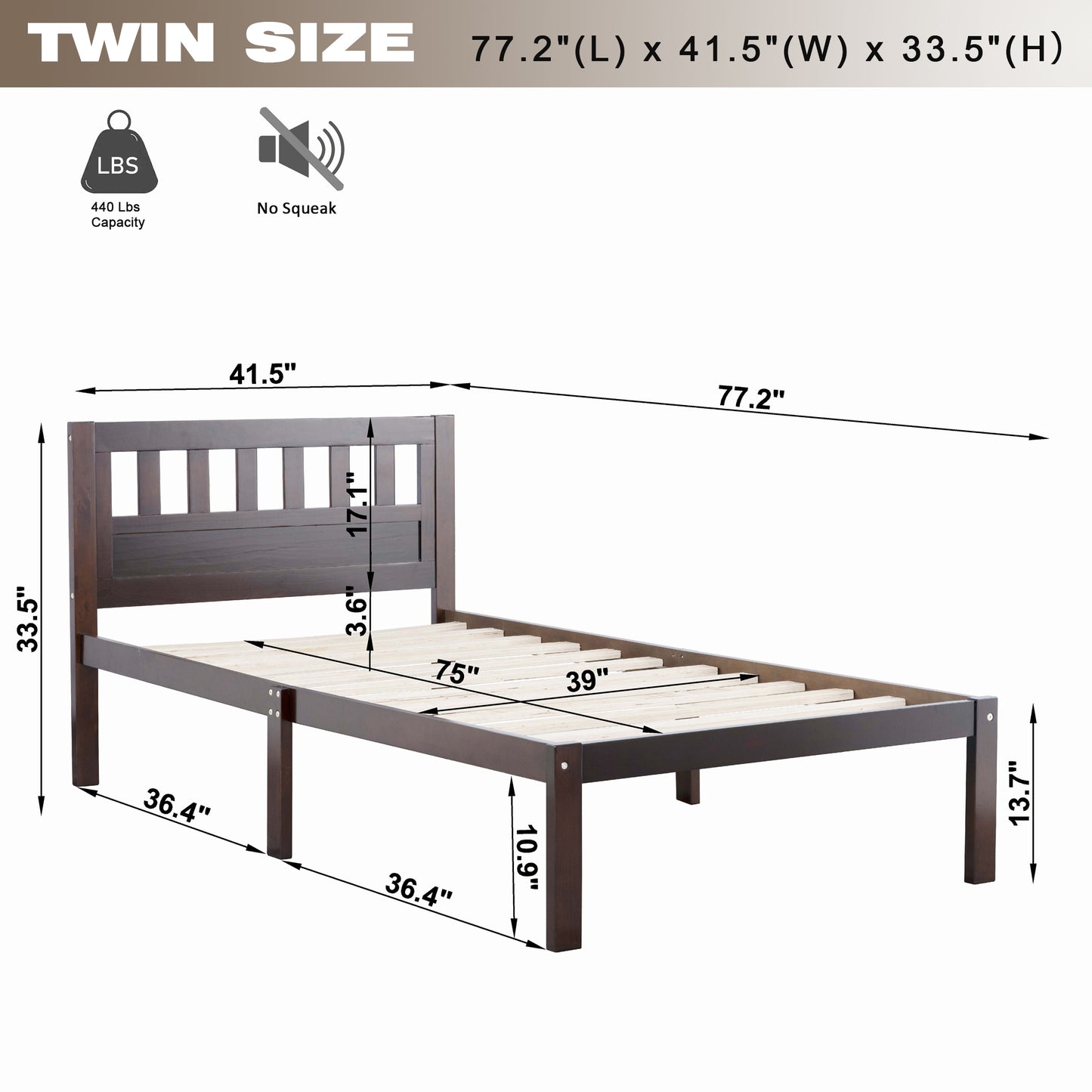 Twin Size Bed, Wood Platform Bed Frame with Headboard For Kids, Slatted, Dark Walnut