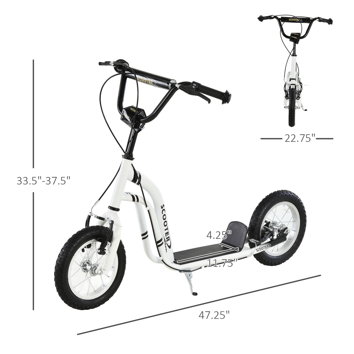 White Adjustable Height Youth Scooter with Dual Brakes and 12-Inch Inflatable Front Wheel