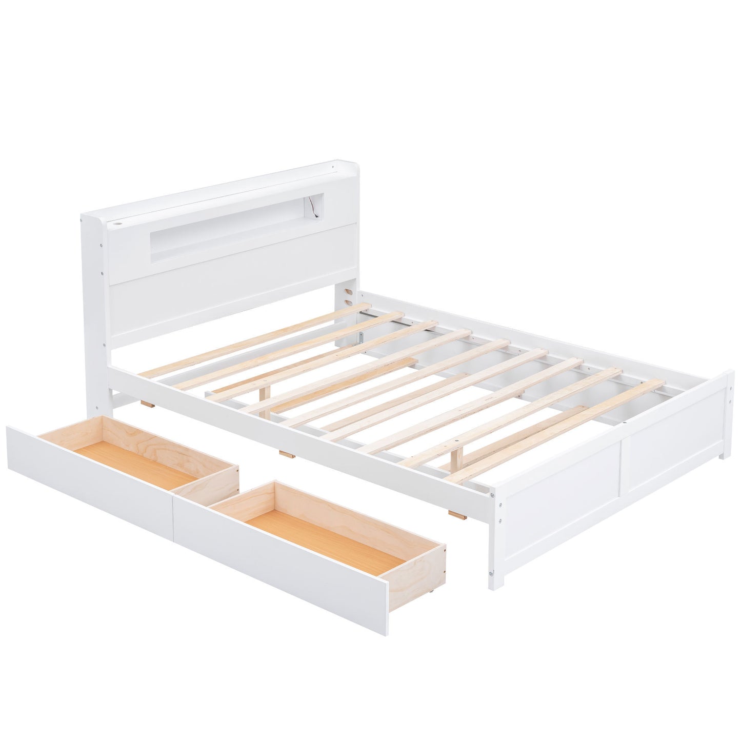 Queen Size Wood Storage Platform Bed with LED, 2 Drawers and 1 Twin Size Trundle, White