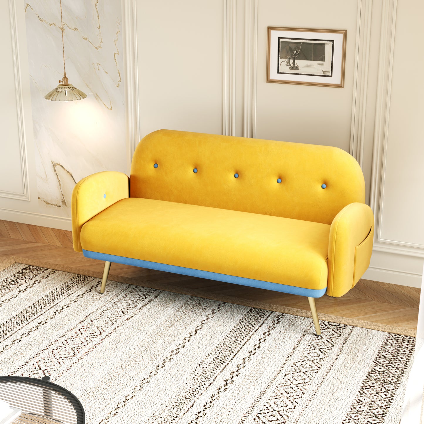 Yellow Velvet Sofa with Two Pillows for Small Spaces