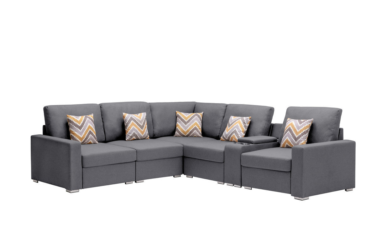 Nolan Gray Linen Fabric 6-Piece Transformable Sectional Sofa with USB, Charging Ports, Cupholders, Storage Console Table, Pillows, and Adjustable Legs