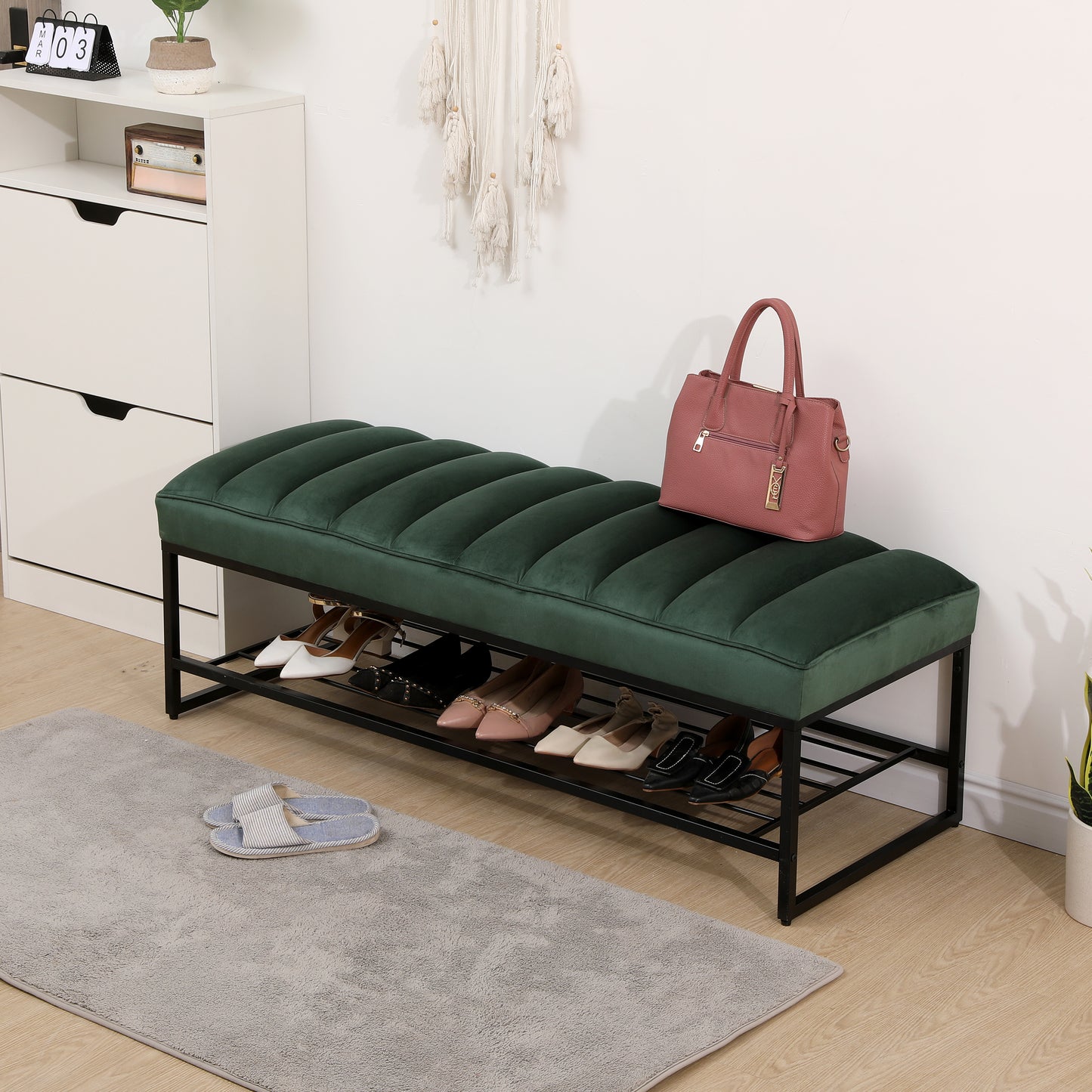 Green Velvet Channel Tufted Ottoman Bench Accent Upholstered Bendroom End of Bed Bench with Storage Shelf (Green)