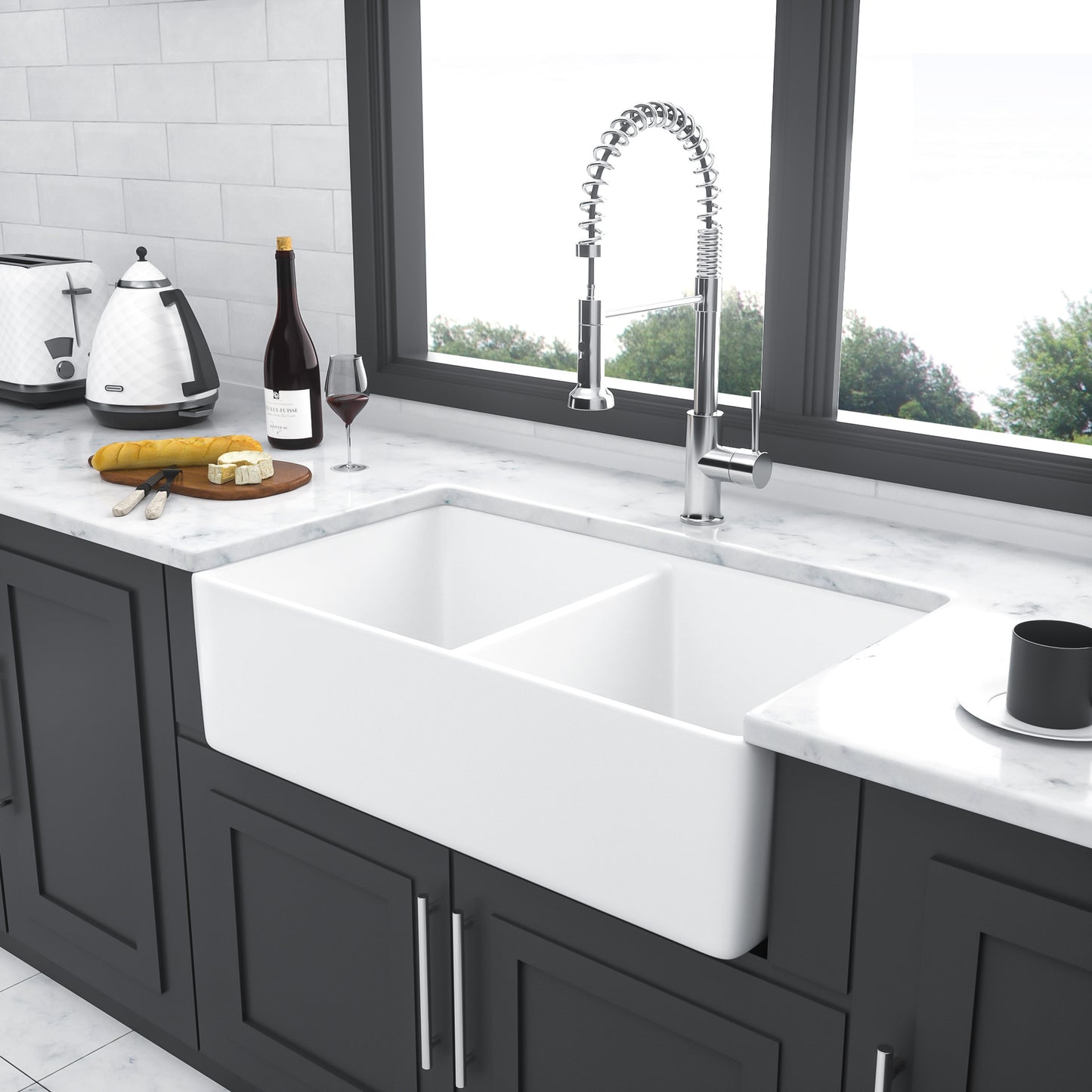 32-Inch Double Bowl White Ceramic Farmhouse Sink