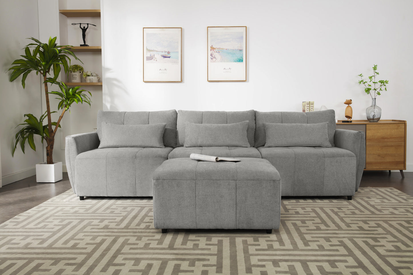 Convertible L-Shaped Sectional Sofa with Movable Ottoman and USB Ports