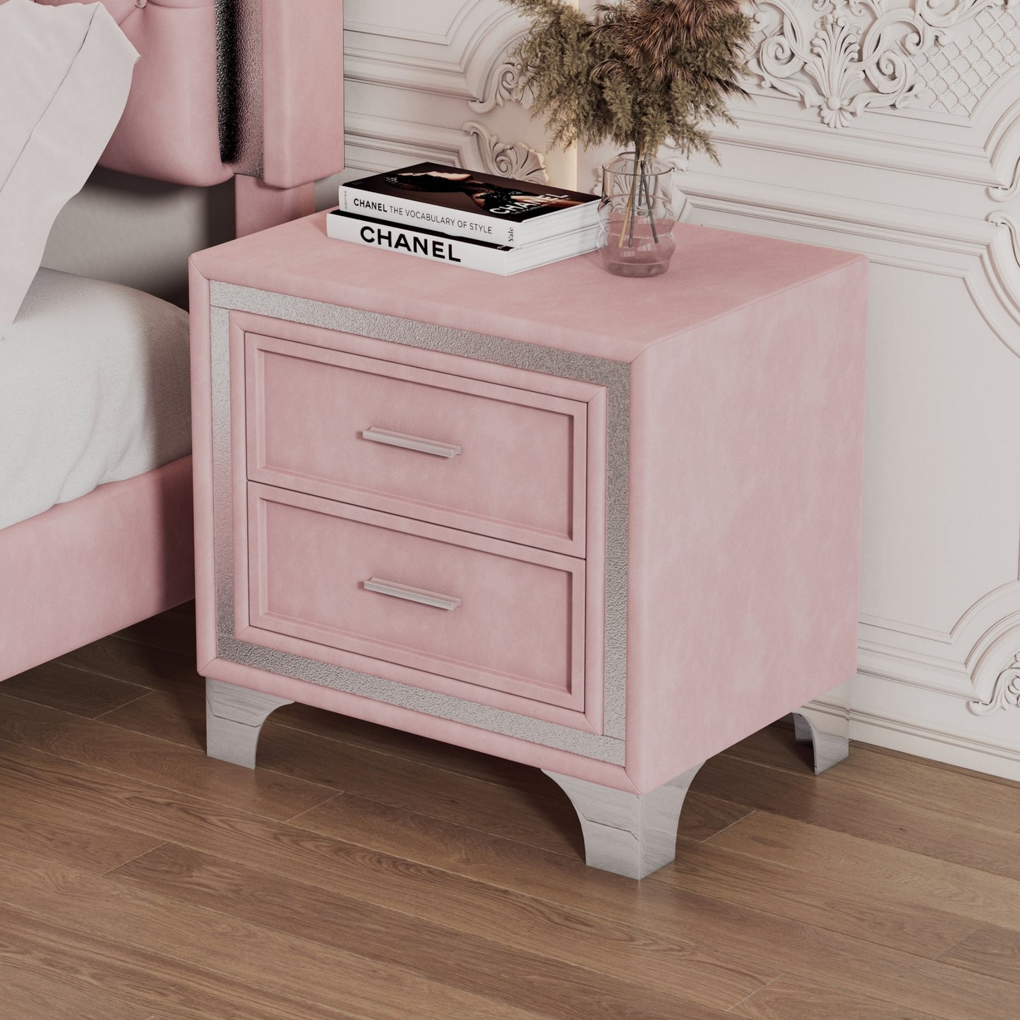 2-Drawer Nightstand with Metal Legs for Bedroom, Mid Century Nightstand Fully Assembled Except Legs and Handles,Velvet Bedside Table-Pink