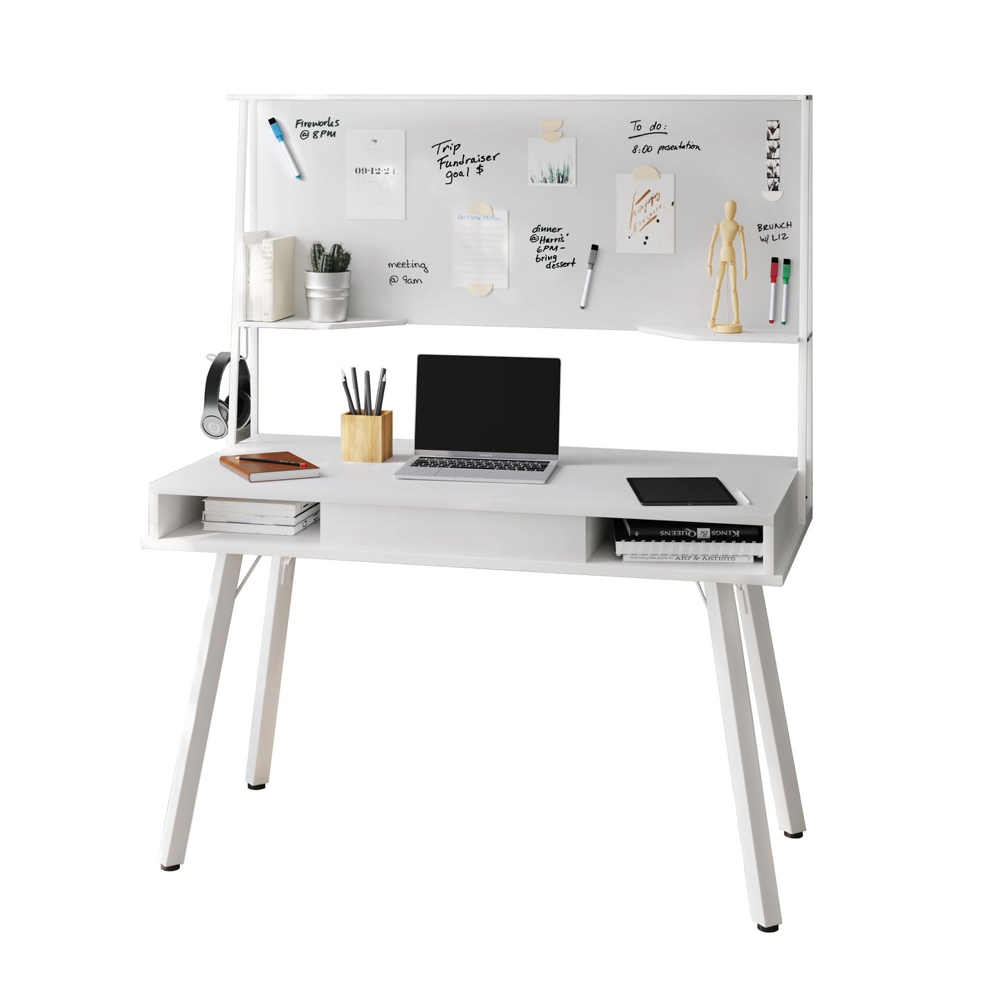 Multi-Purpose White Desk with Magnetic Whiteboard & Storage Shelf