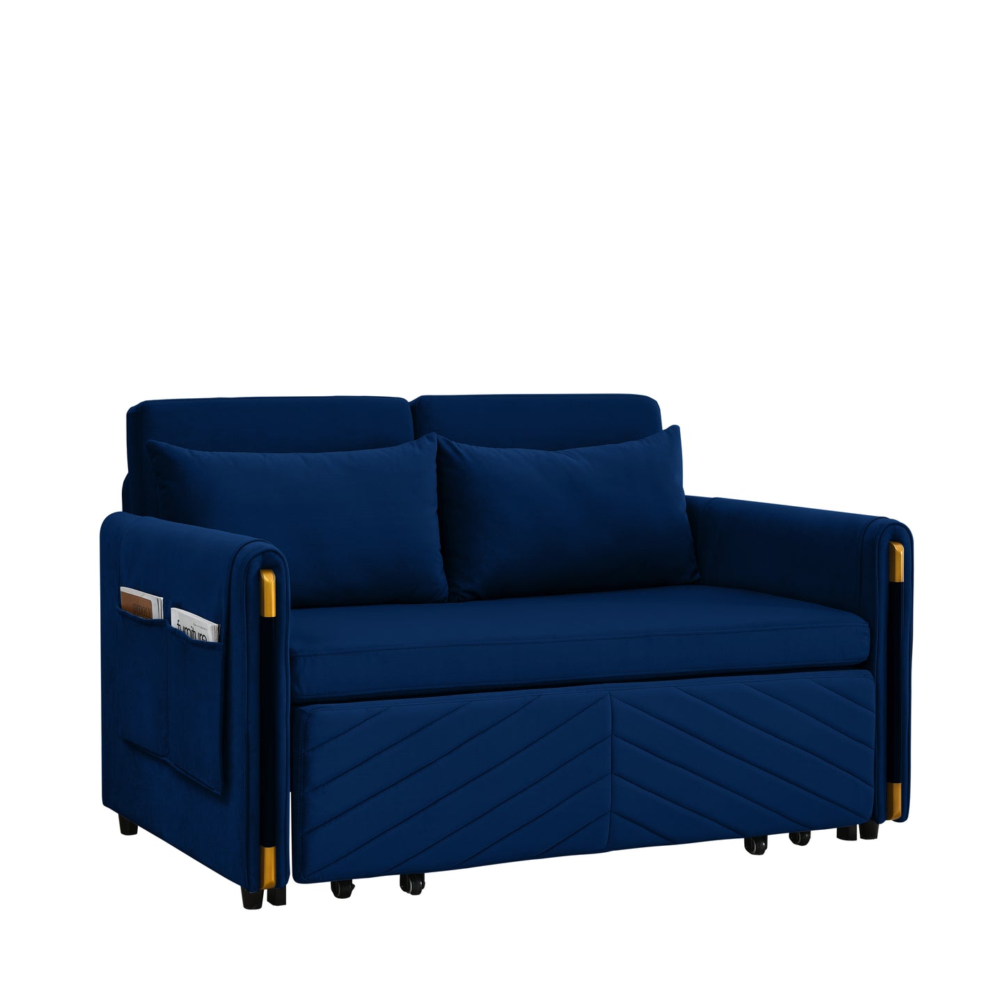 MH 54" Modern Convertible Sofa Bed with 2 Detachable Arm Pockets, Velvet Loveseat Multi-position adjustable Sofa with Pull Out Bed with Bedhead, 2 Pillows and Living Room, Blue