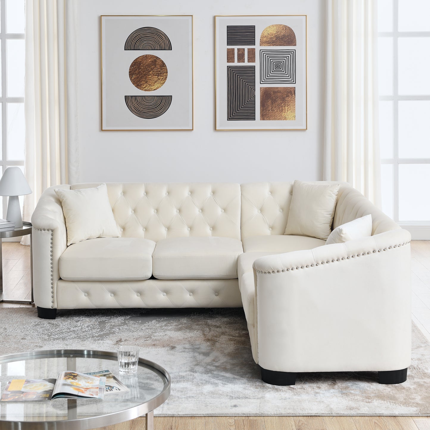 Modern Beige Velvet Chesterfield L-Shaped Sectional Sofa with Nail Head Trim