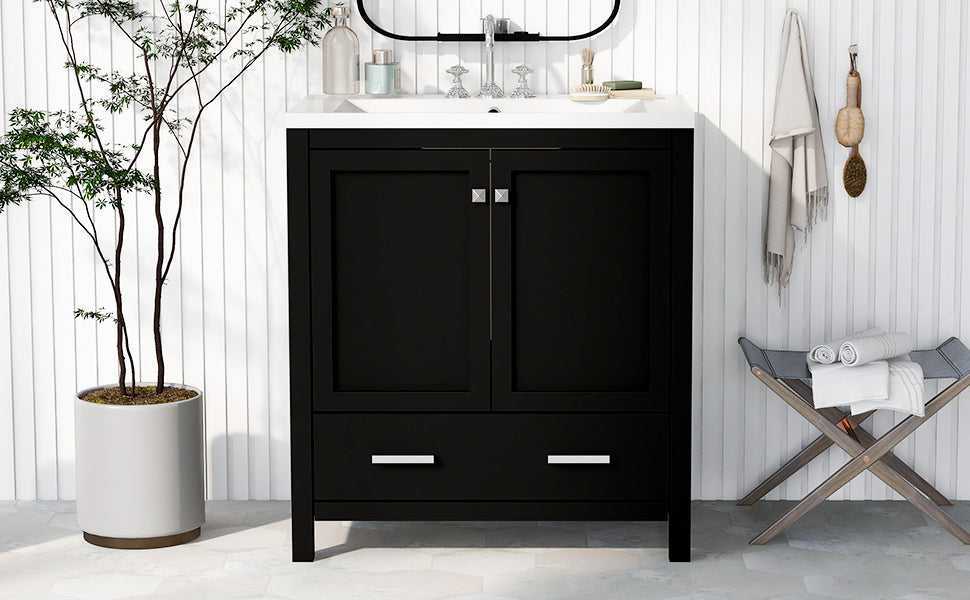 30" Black Bathroom Vanity with Single Sink, Combo Cabinet Undermount Sink, Bathroom Storage Cabinet with 2 Doors and a Drawer, Soft Closing, Multifunctional Storage, Solid Wood Frame