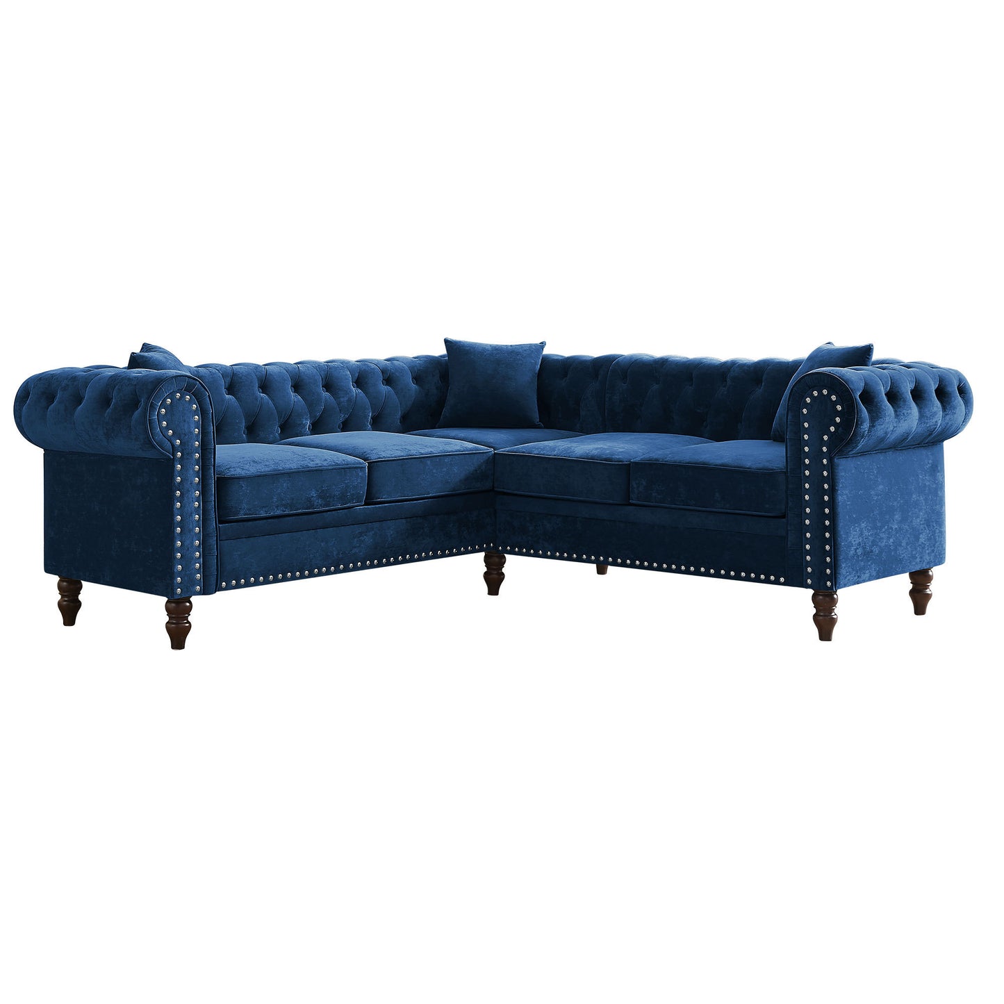 Luxurious Blue Velvet L-shaped Chesterfield Sofa with Deep Button Tufting