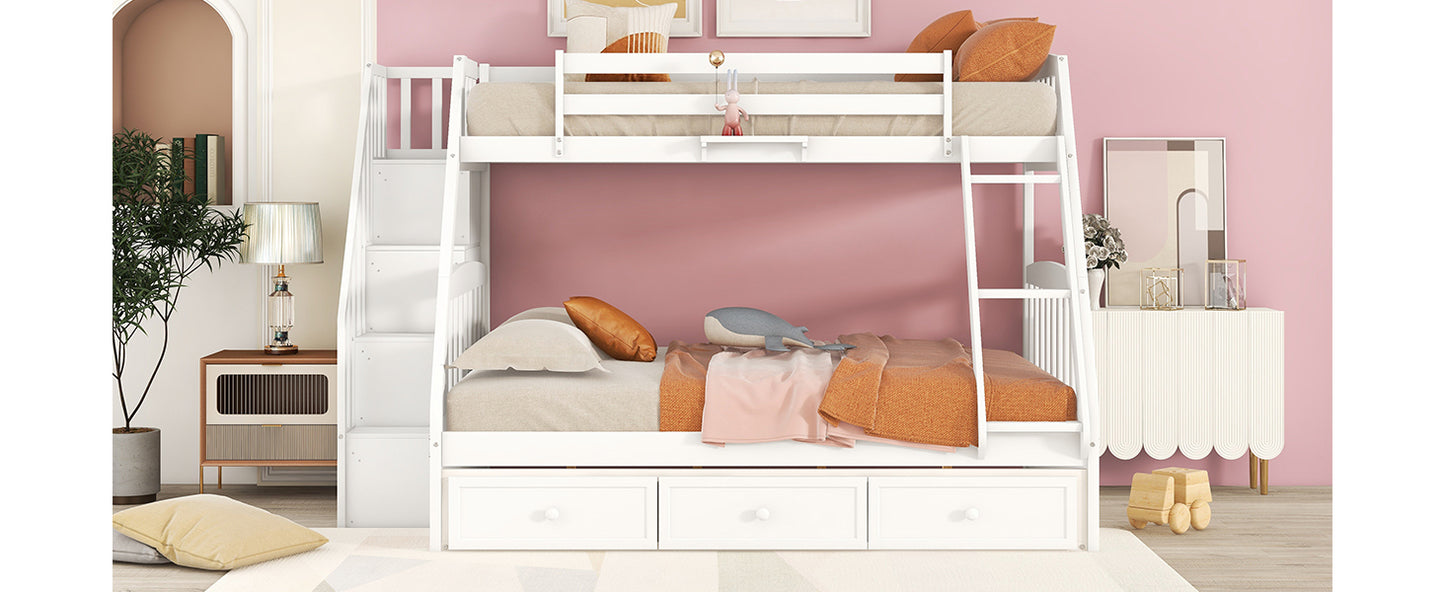 White Bunk Bed with Drawers, Ladder, and Storage Staircase for Twin and Full Sizes