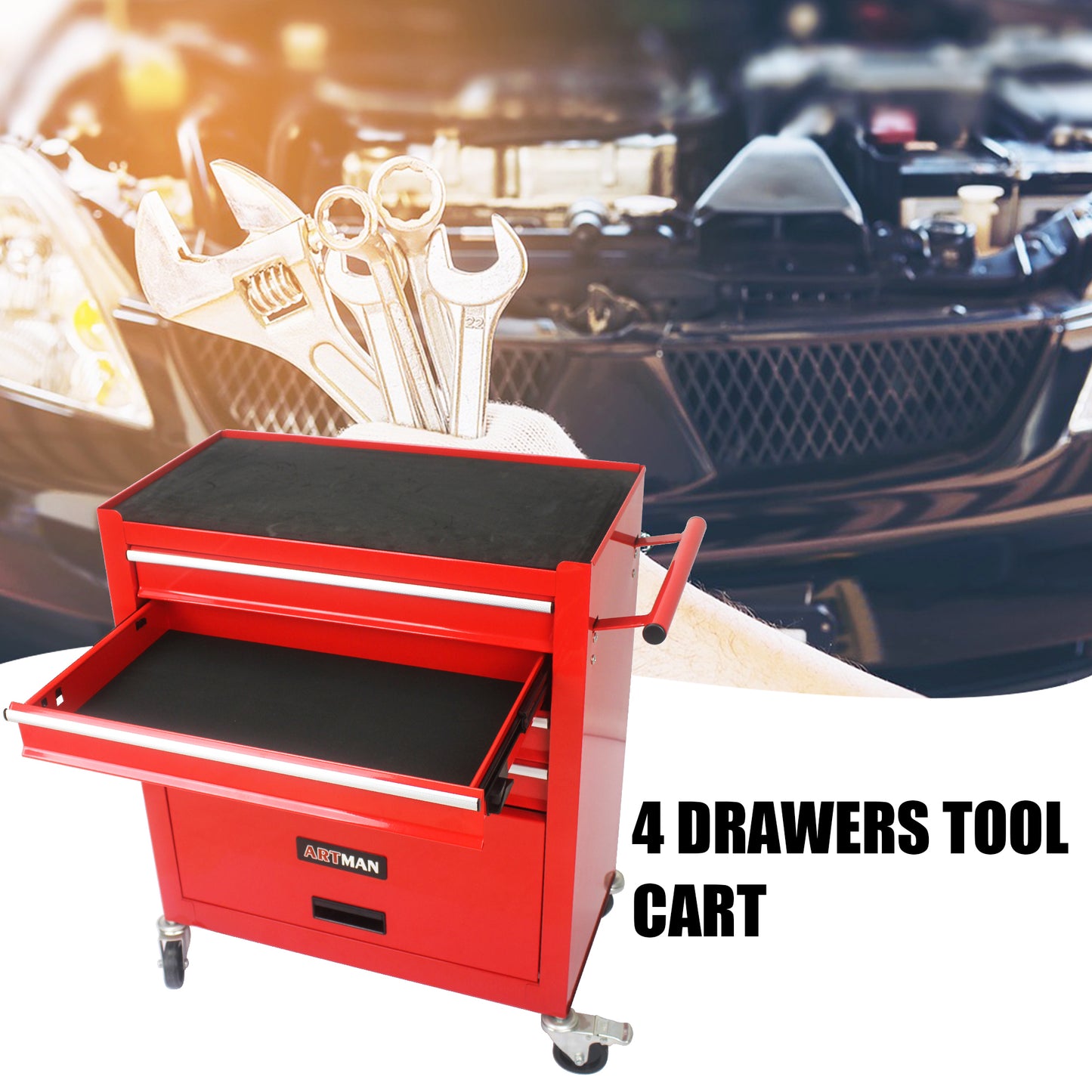 4 DRAWERS MULTIFUNCTIONAL RED TOOL CART WITH WHEELS