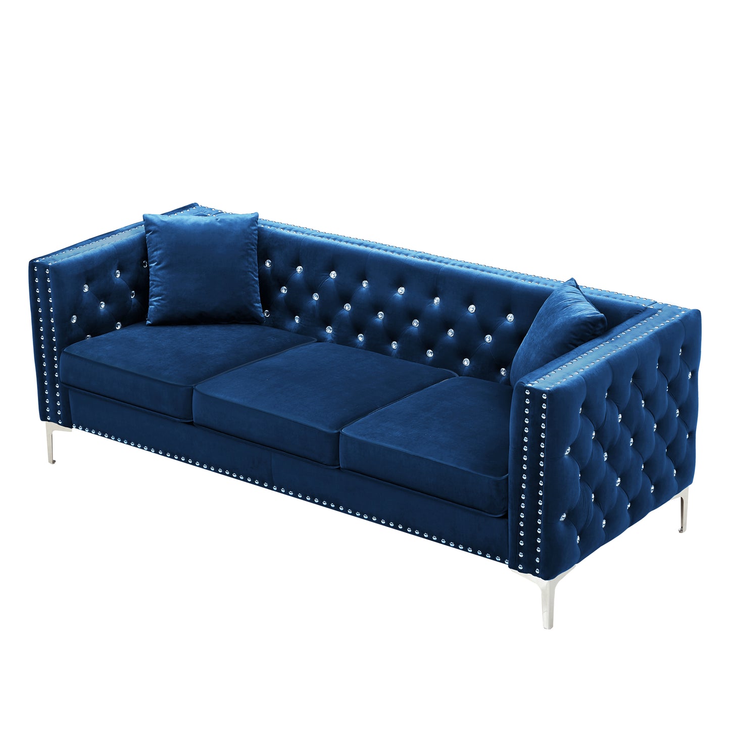 Blue Modern Velvet Sofa with Jeweled Buttons and Tufted Square Arms, 2 Pillows Included