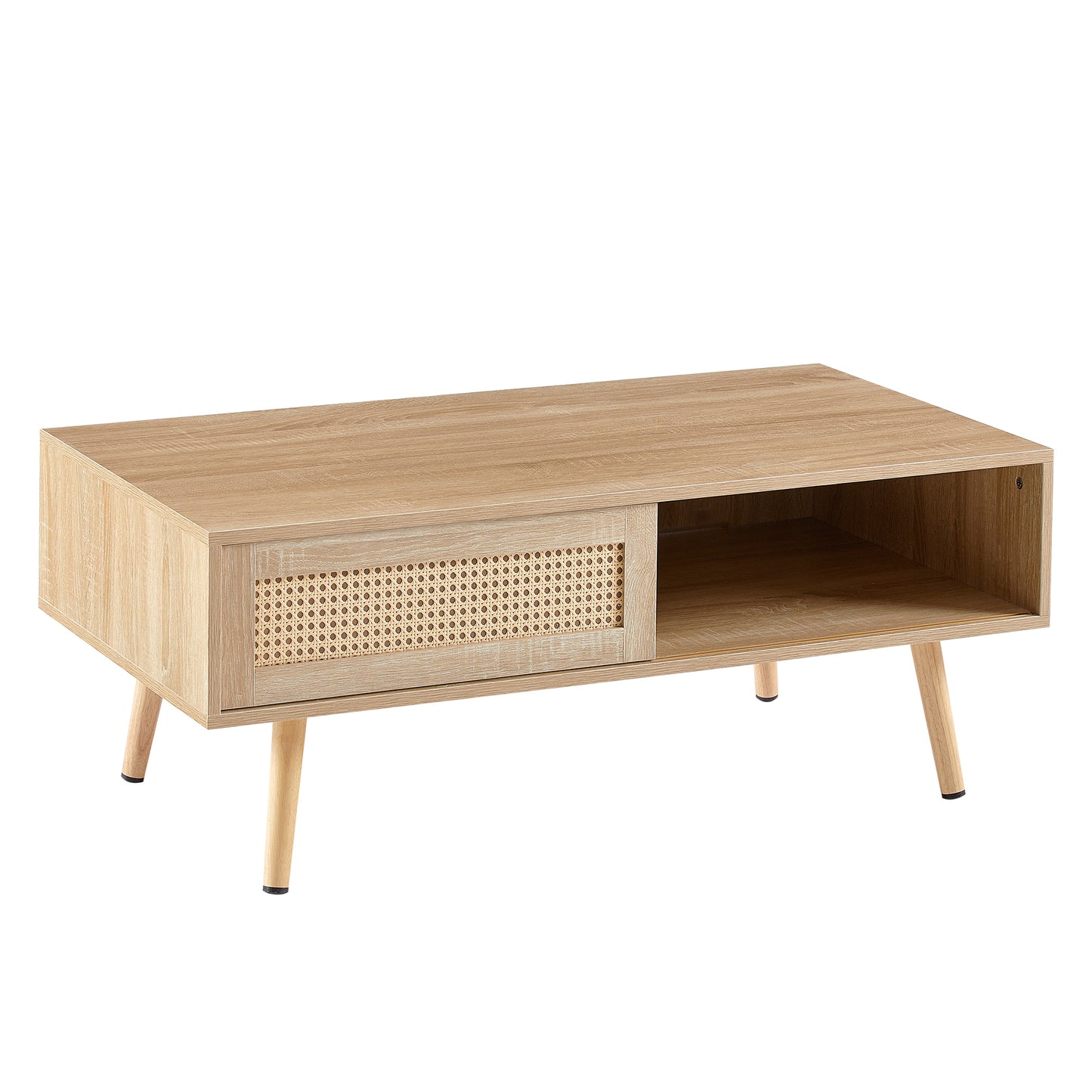Modern Rattan Coffee Table with Sliding Door Storage and Solid Wood Legs