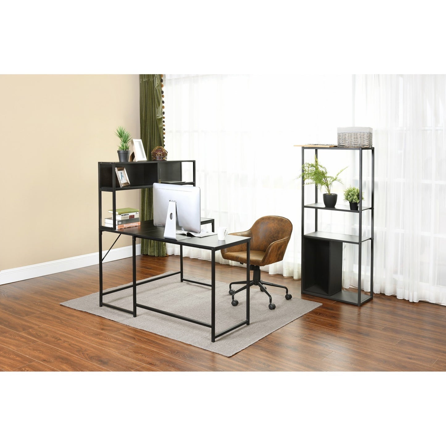 Spacious Industrial L-Shaped Desk with Hutch and Storage Shelves for Gaming