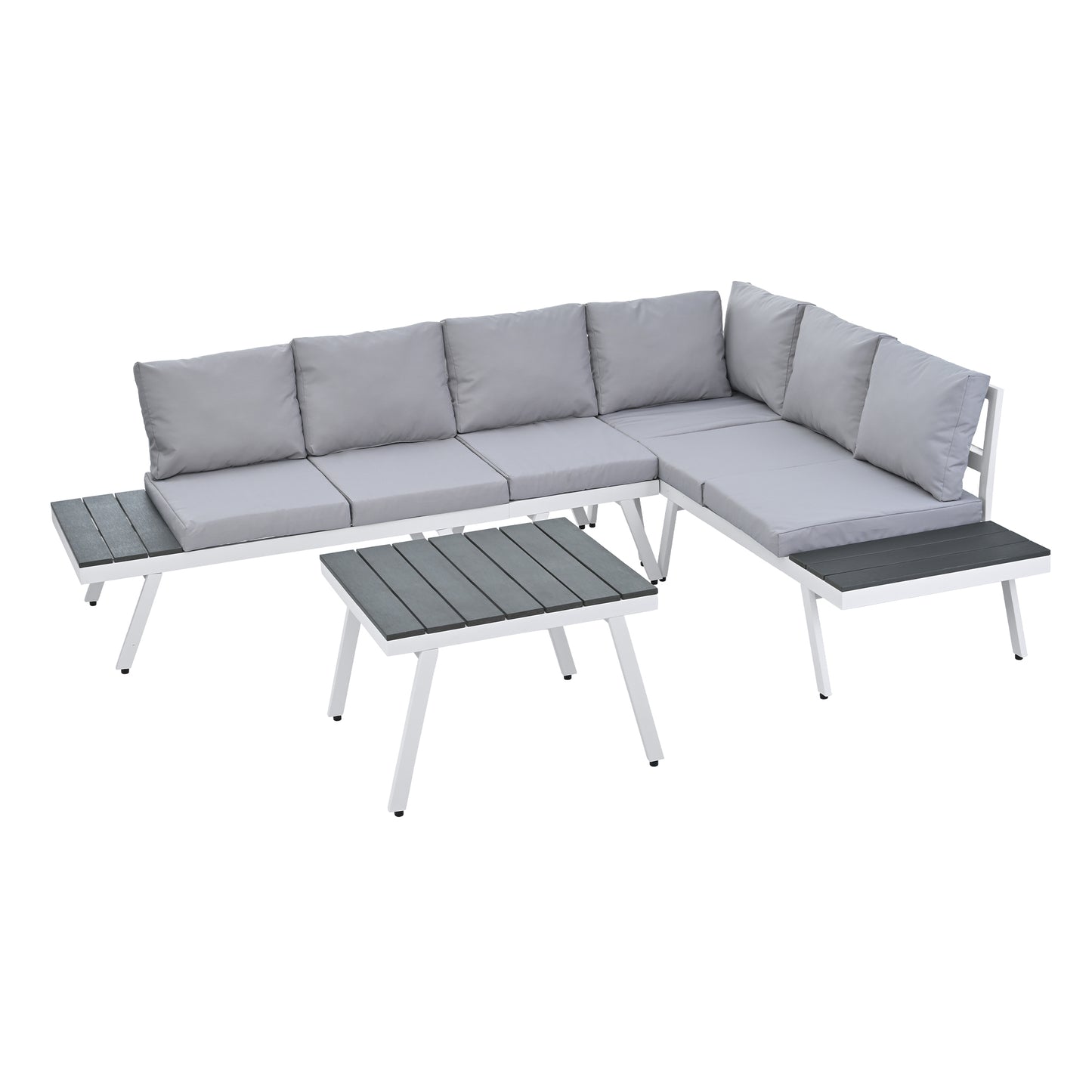 Aluminum Outdoor Patio Furniture Set with End Tables and Coffee Table, White and Grey Sectional Sofa Set