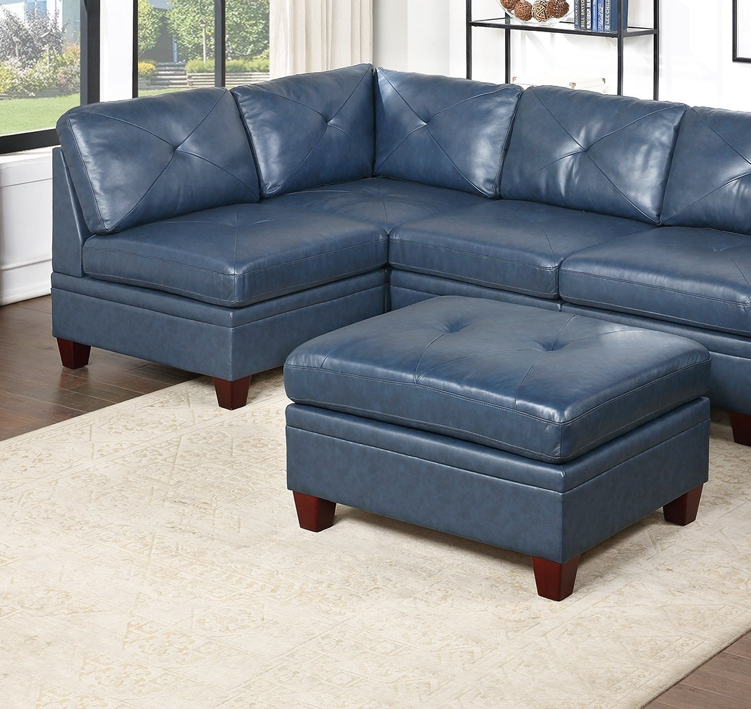 Luxurious Ink Blue Genuine Leather Modular Sofa Set with Tufted Design