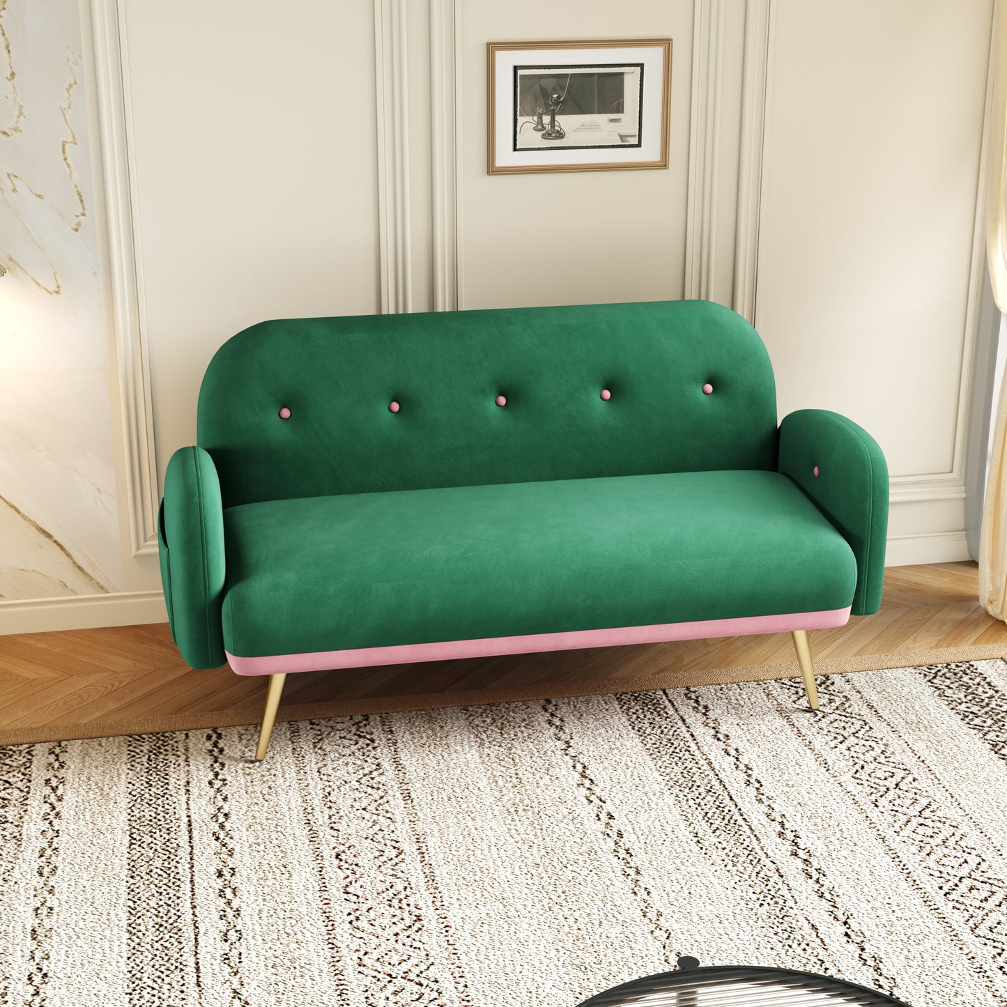 58 Green Velvet Sofa with 2 Pillows for Small Spaces