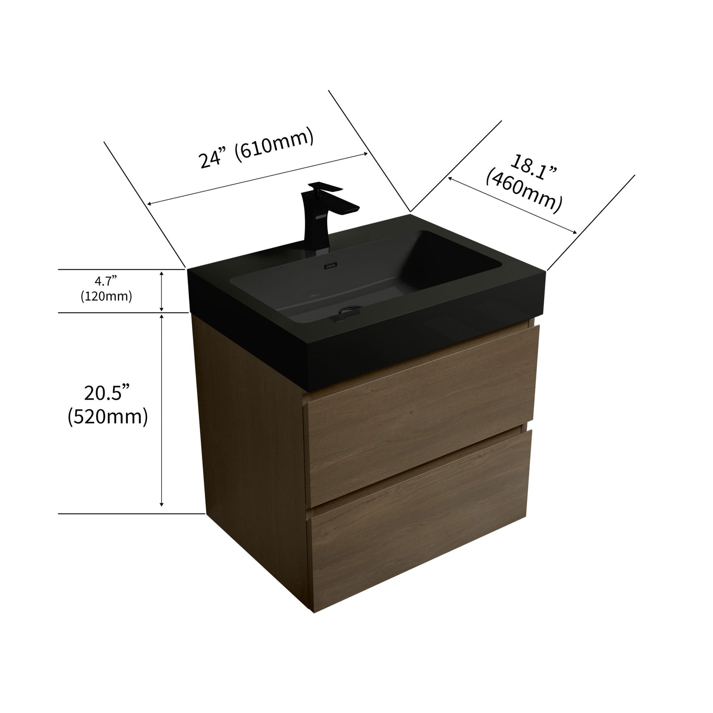 U043-Alice24-111 Alice 24" Dark Oak Bathroom Vanity with Black Sink, Large Storage Wall Mounted Floating Bathroom Vanity for Modern Bathroom, One-Piece Black Sink Basin without Drain and Faucet