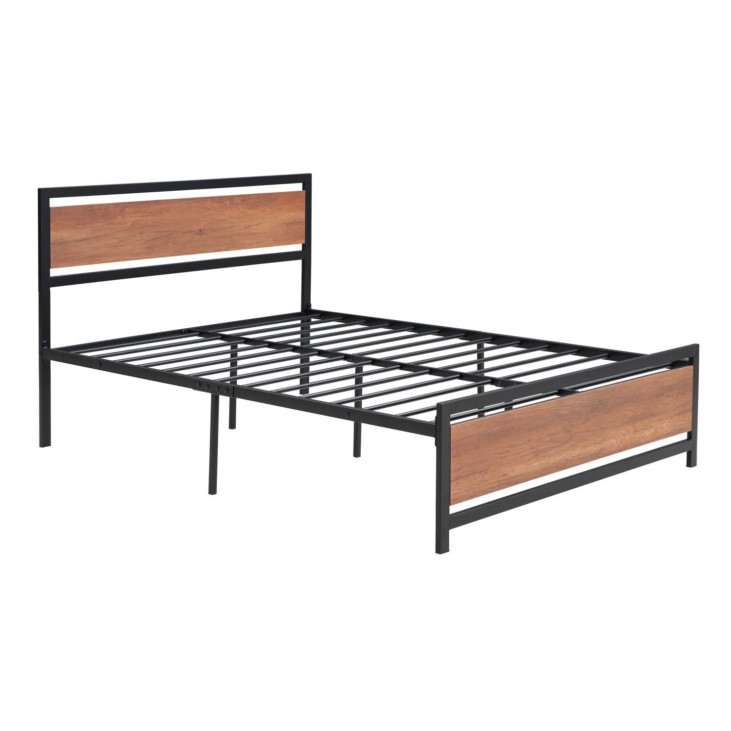 Full Size Platform Bed, Metal and Wood Bed Frame with Headboard and Footboard , Black