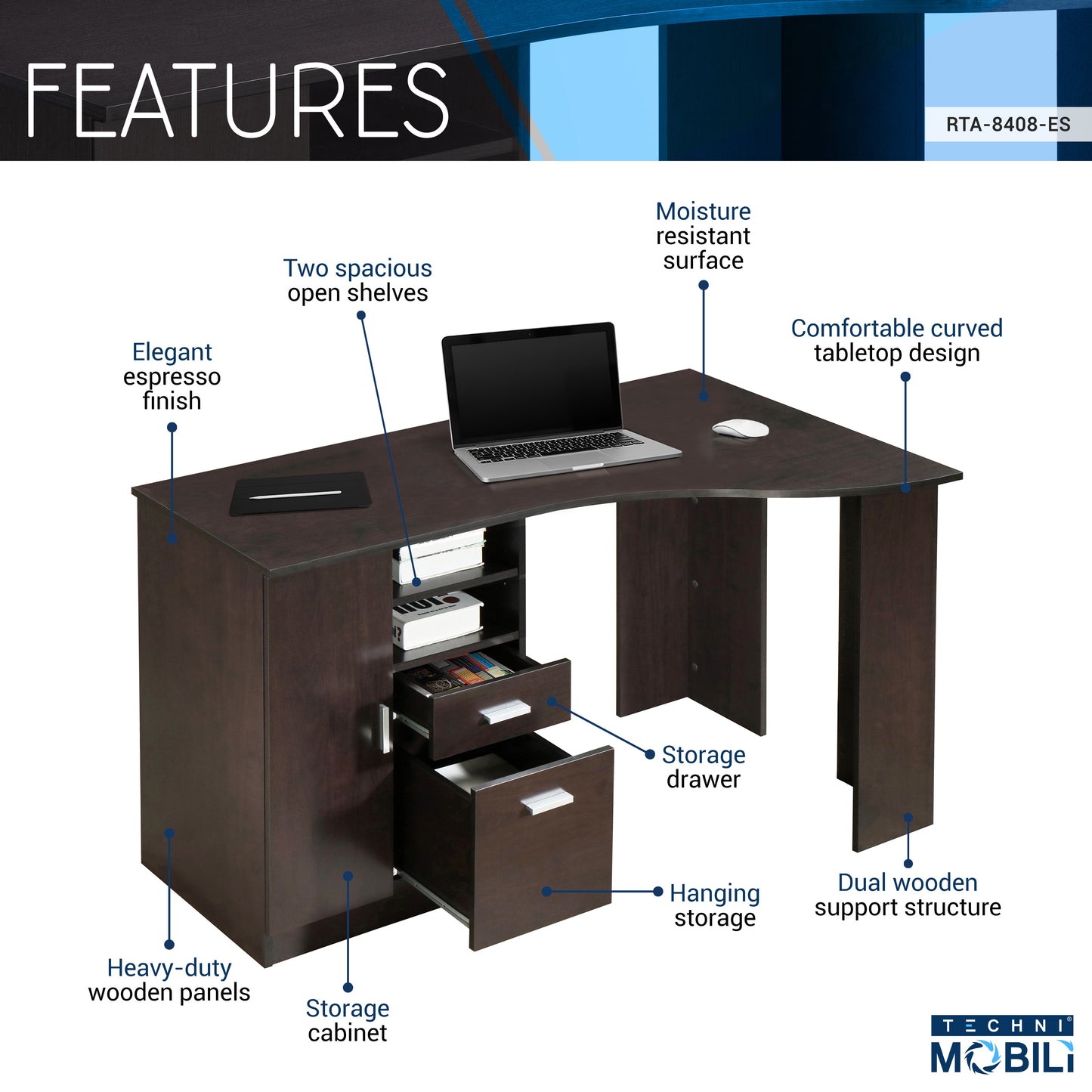 Timeless Espresso Office Desk with Abundant Storage Options