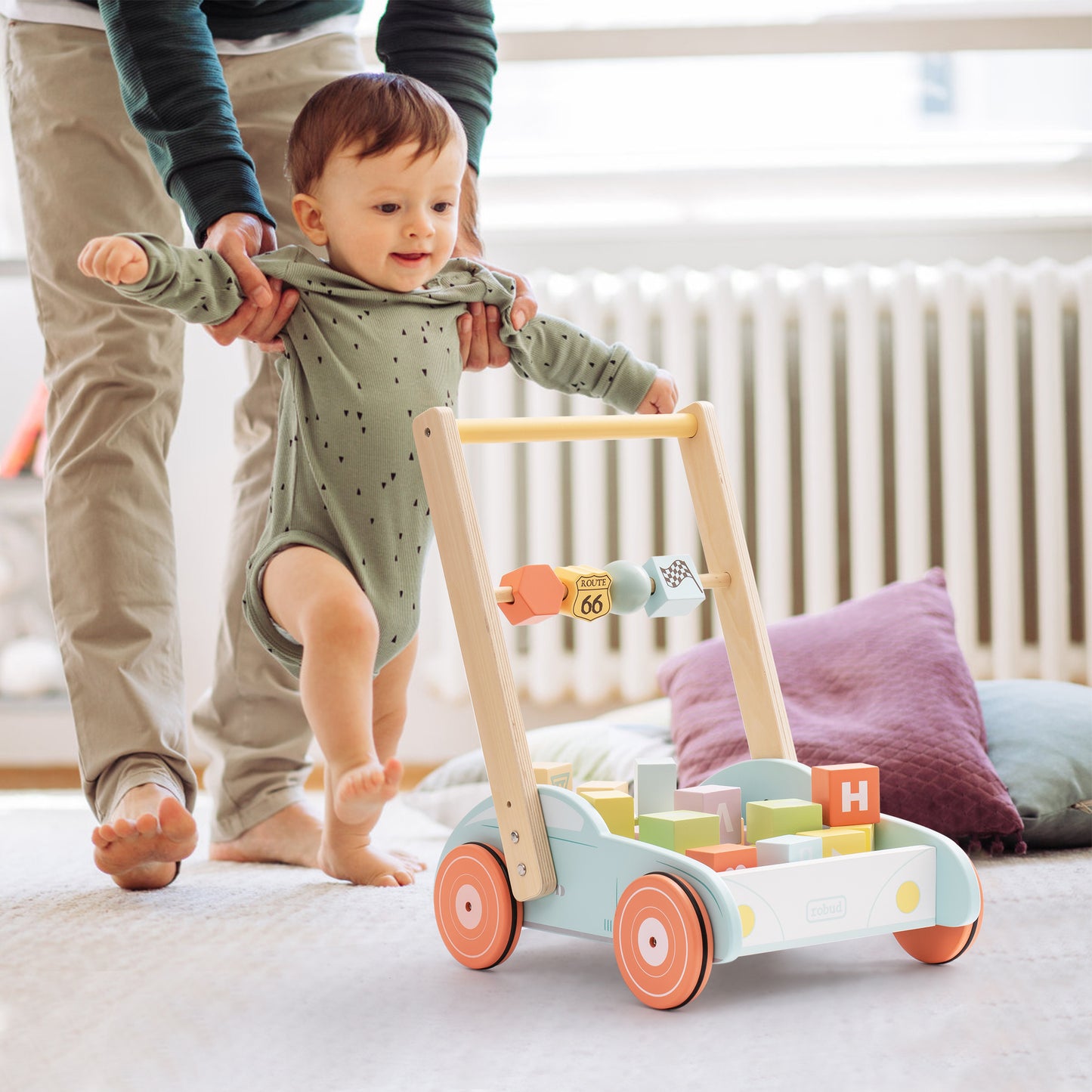 Wooden Baby Walker with Building Blocks and Resistance Knob