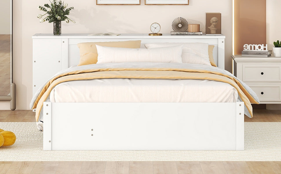 Full Size Platform Bed With a Rolling Shelf, White