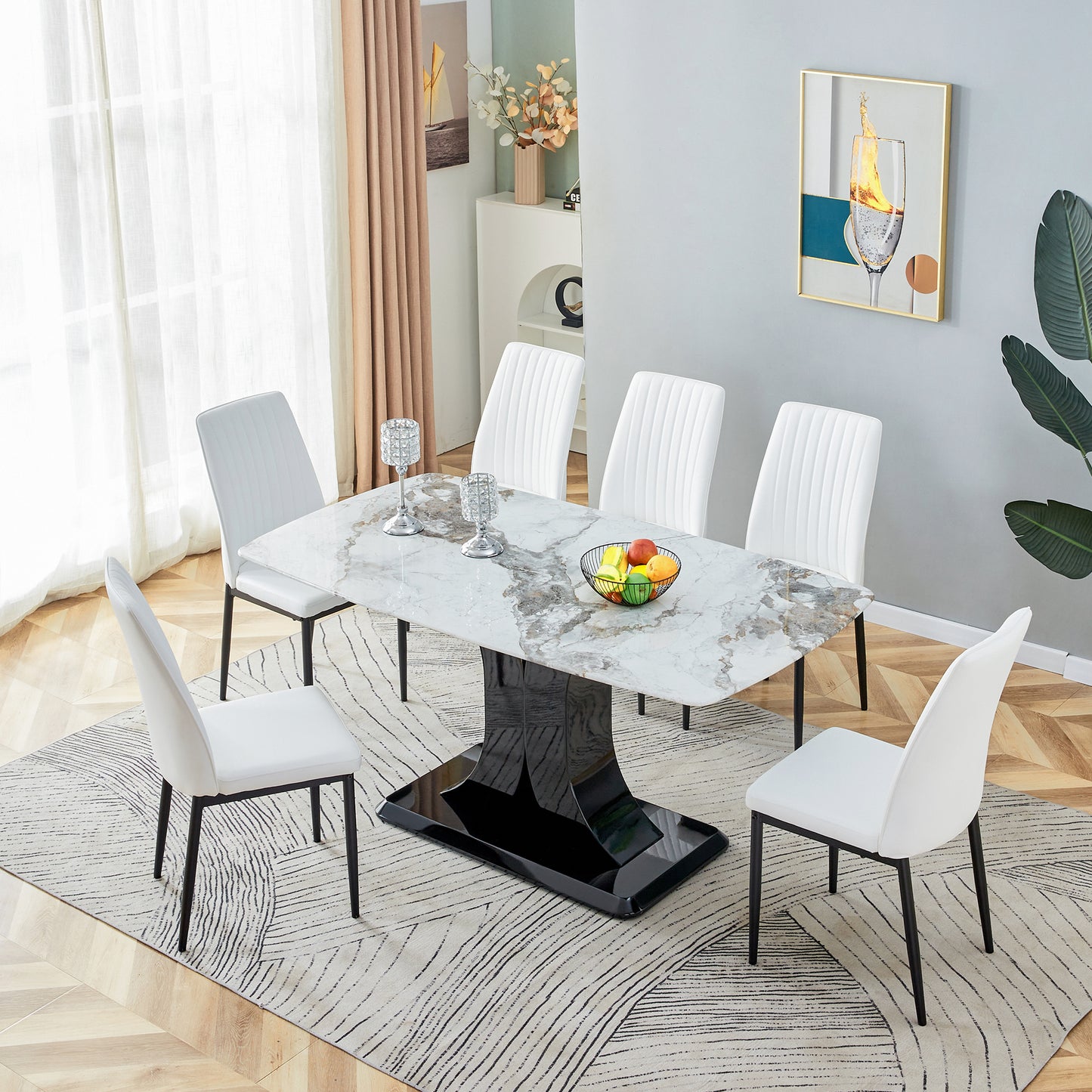 Faux Marble Dining Table Set with Convertible Base, Luxury Rectangular Kitchen Table for 6-8, Modern White Faux Marble Dining Room Table with MDF Base, Dining Table & 6 Chairs