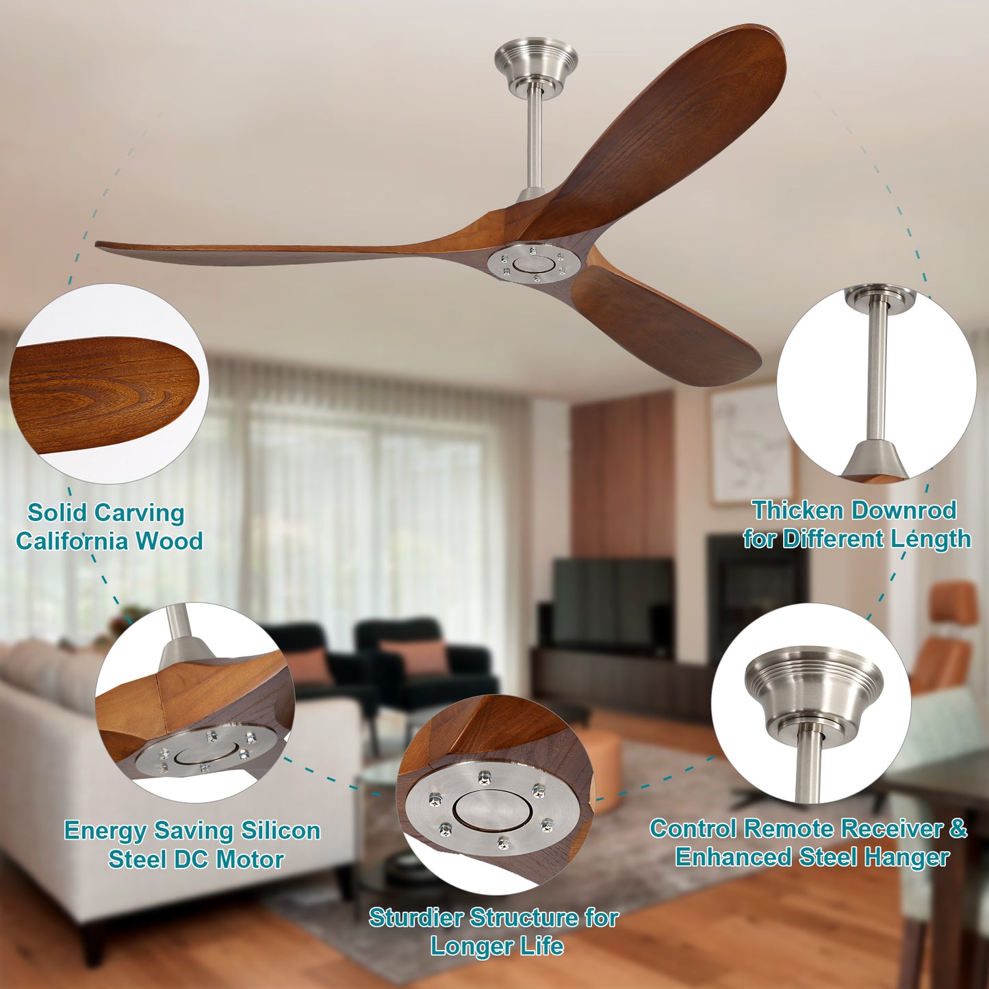 Elegant 60 Inch Indoor Ceiling Fan With 6 Speed Remote Control And Solid Wood Blades For Living Room