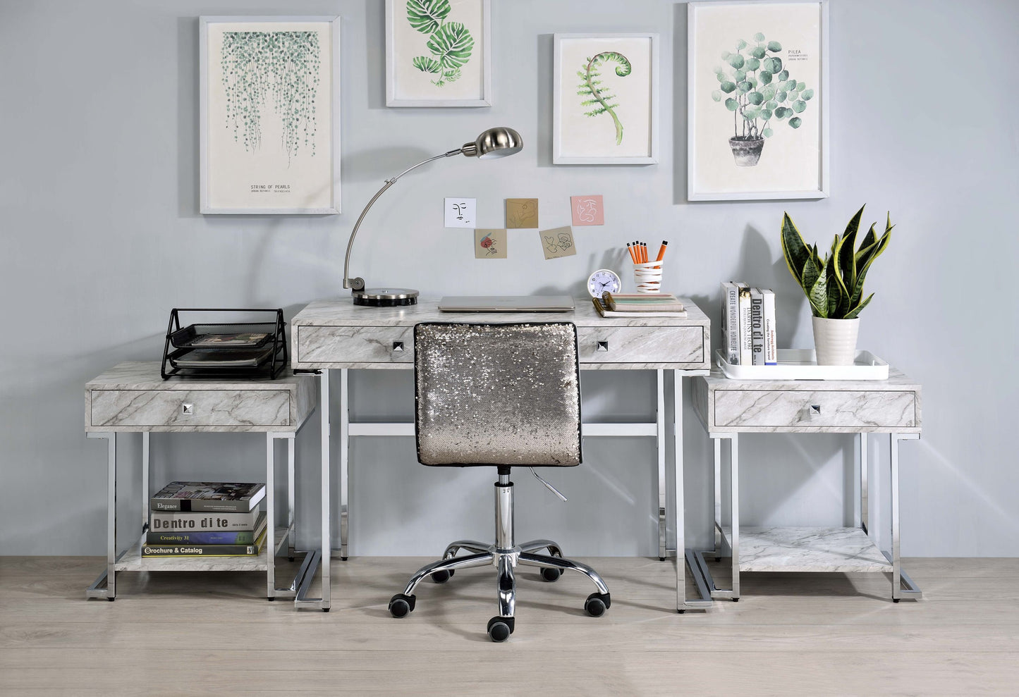 Sleek White Faux Marble Writing Desk with Chrome Frame