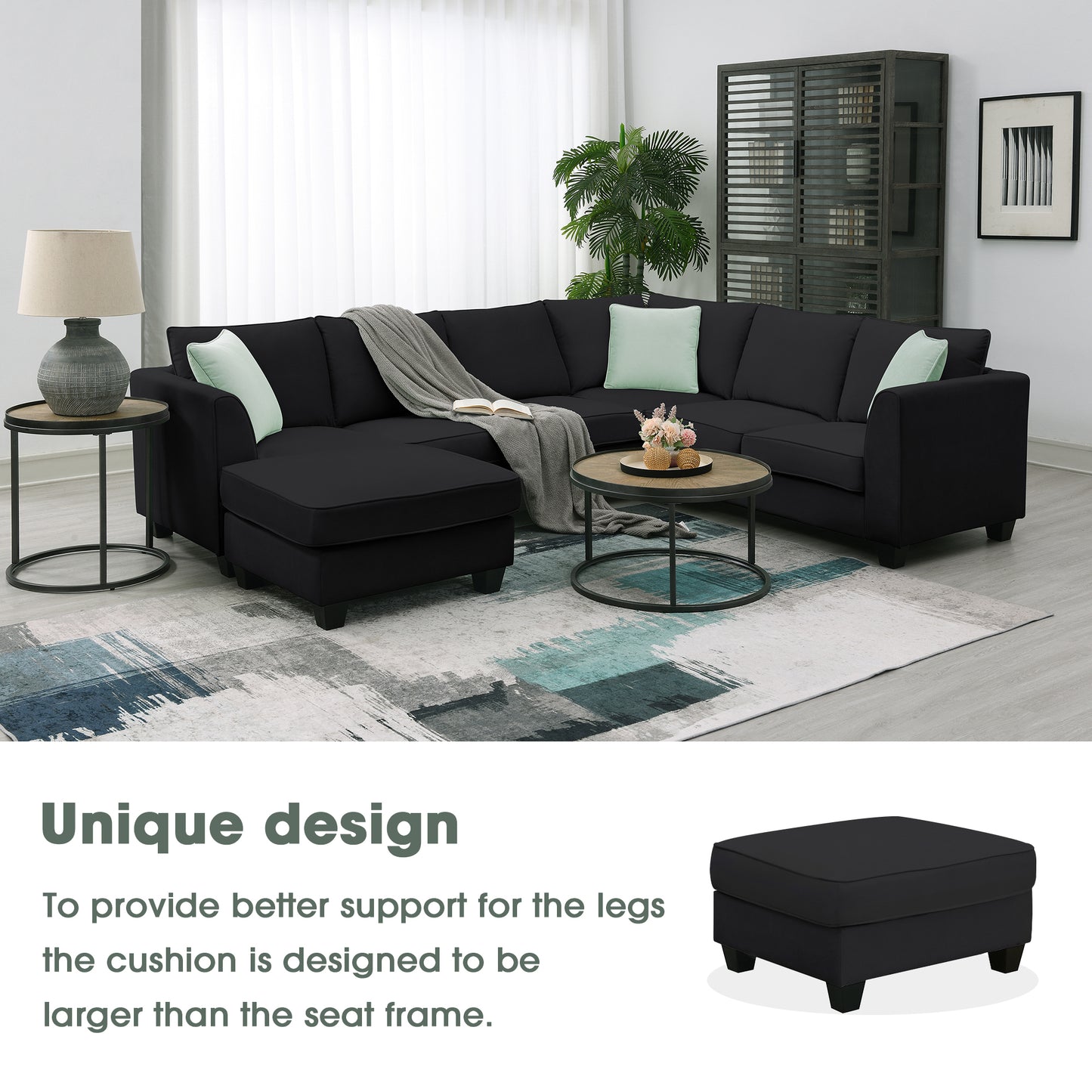 L-Shaped Black Sectional Couch Set with Ottoman and Pillows